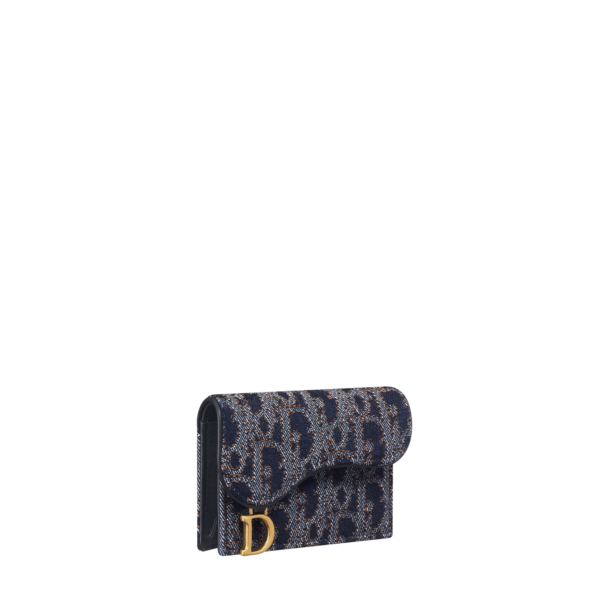 Saddle Bloom Card Holder Blue and Tobacco Brown Dior Oblique Denim with Contrasting Topstitching E03