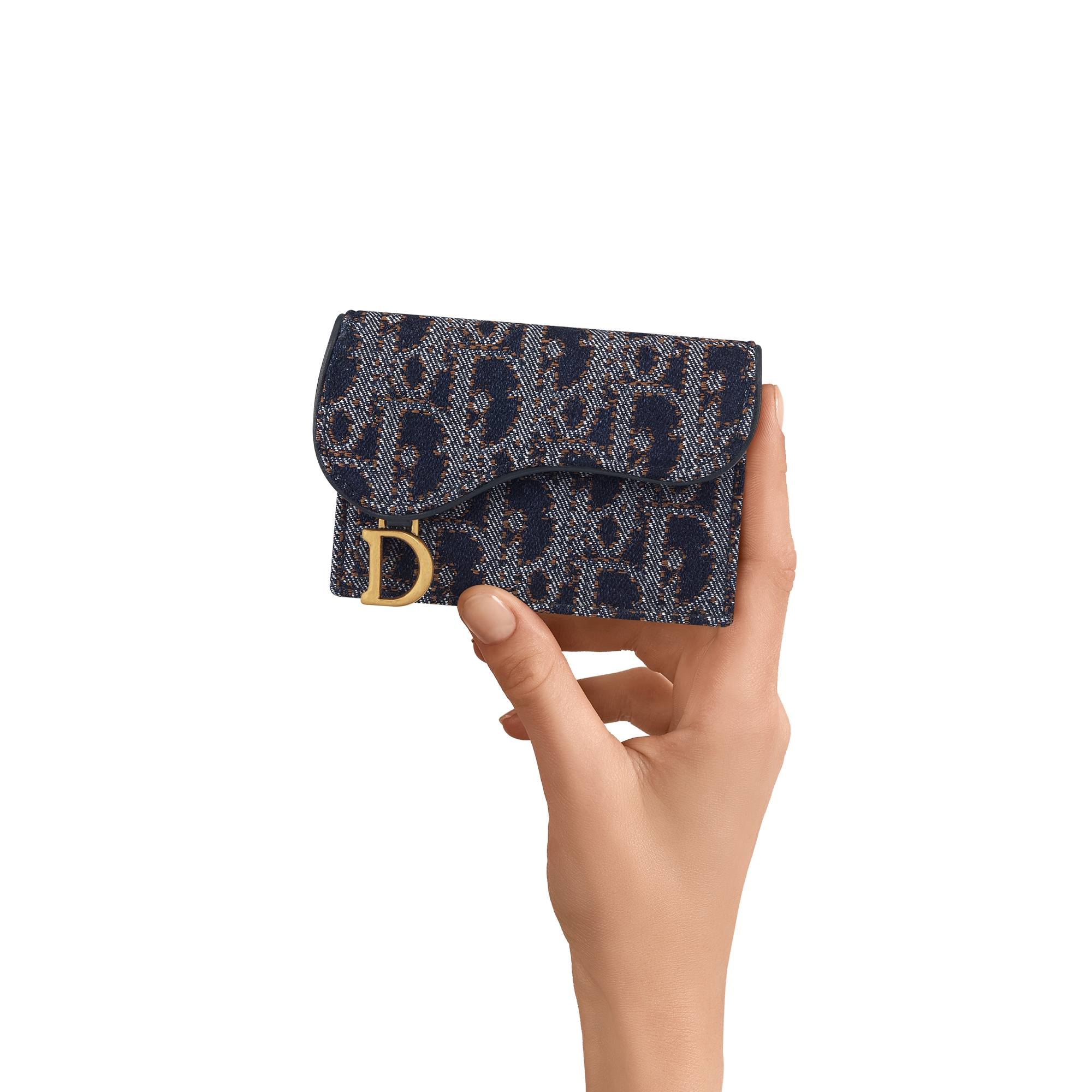 Saddle Bloom Card Holder Blue and Tobacco Brown Dior Oblique Denim with Contrasting Topstitching E11