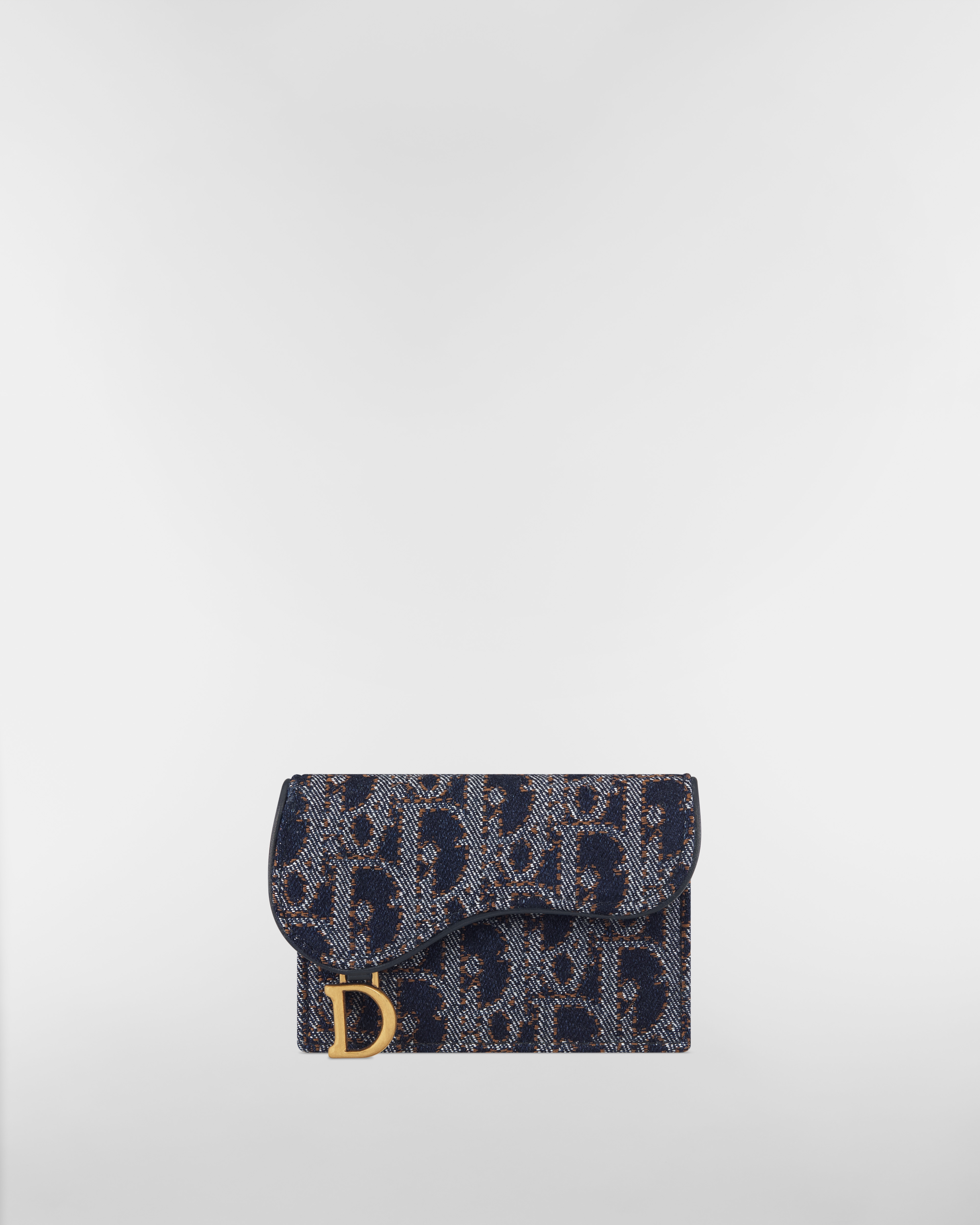 Porte-cartes Bloom Saddle Toile Dior Oblique Denim à surpiqûres contrastées bleu et couleur tabac E01