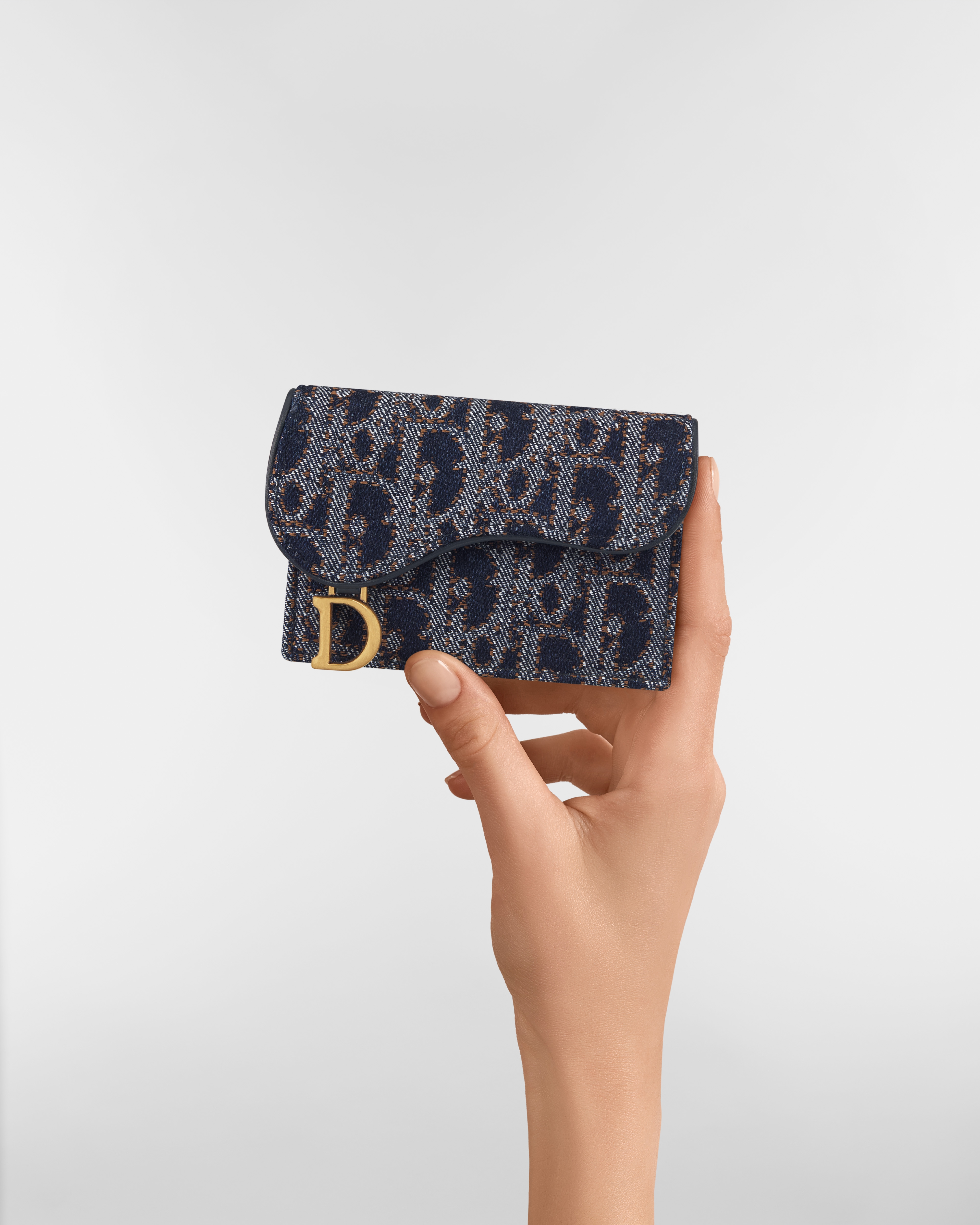 Saddle Bloom Card Holder Blue and Tobacco Brown Dior Oblique Denim with Contrasting Topstitching E11