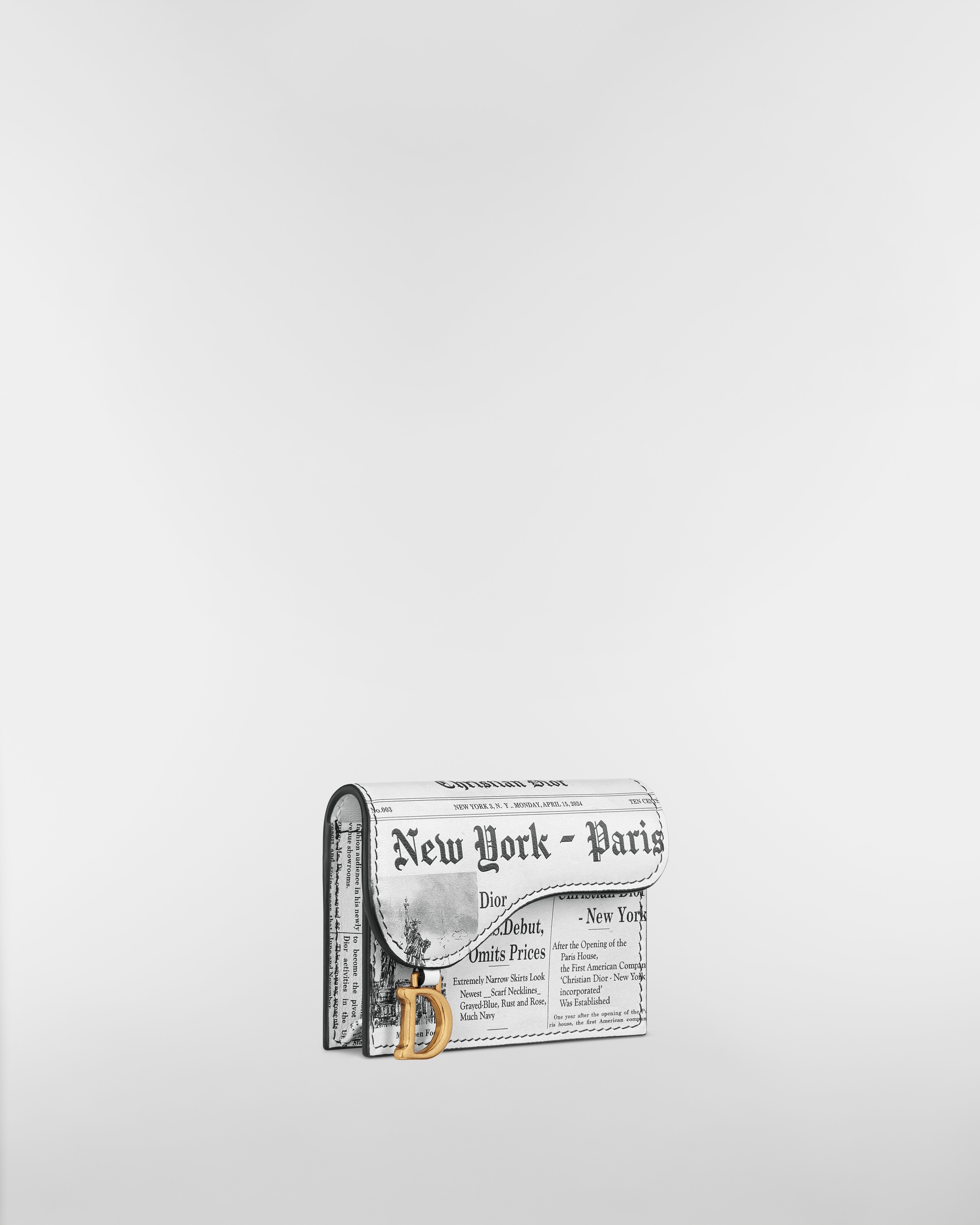 Saddle Bloom-kaarthouder Wit en zwart kalfsleer met Newspaper-print E03