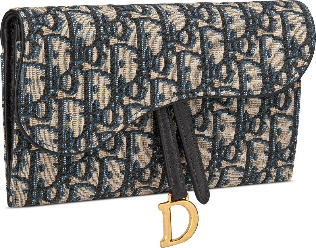 Saddle Long Wallet with Chain Blue Dior Oblique Jacquard DIOR