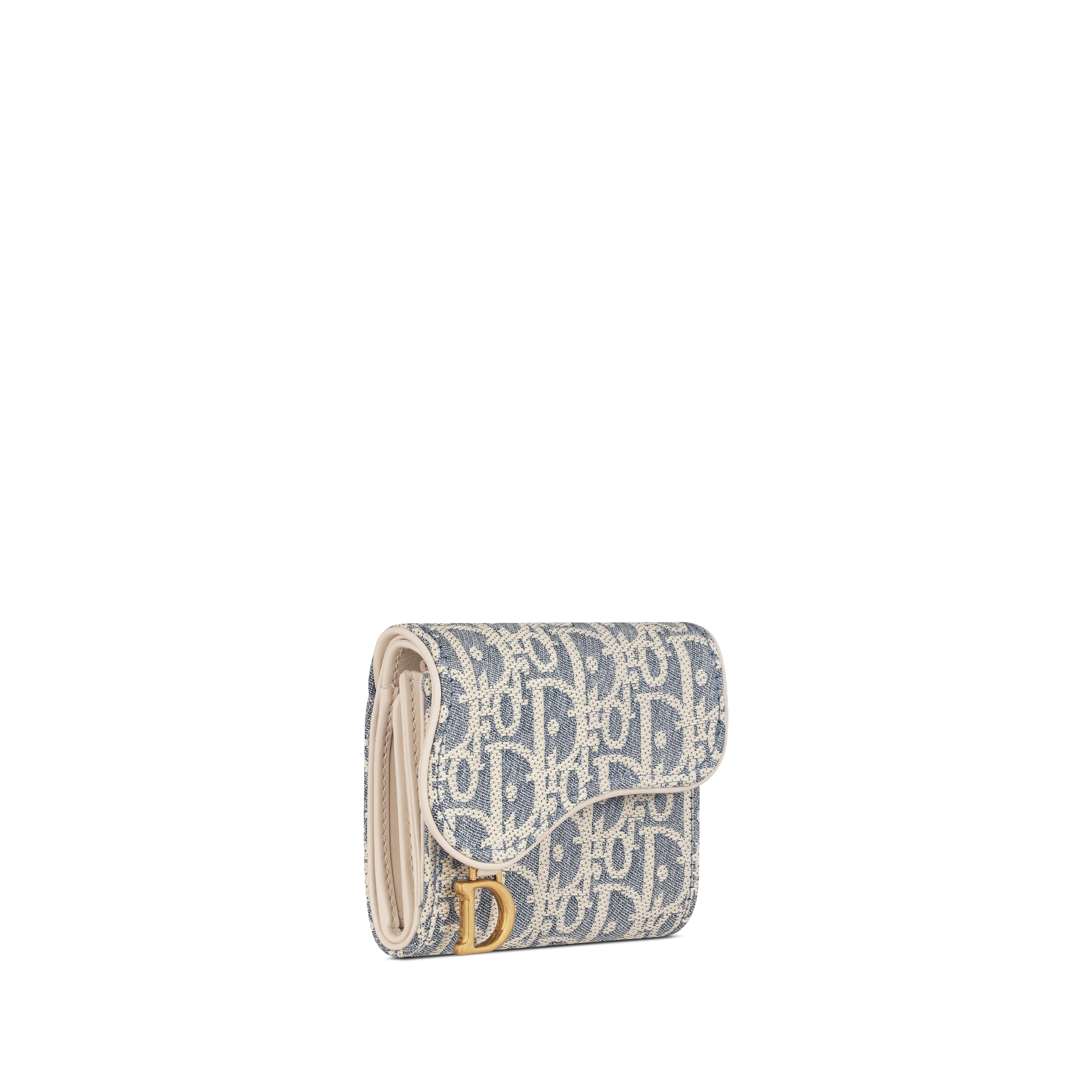 Saddle Lotus 지갑 블루 Dior Oblique 라피아-이펙트 샴브레이 & 라이트 비스킷 스무스 송아지 가죽 E03