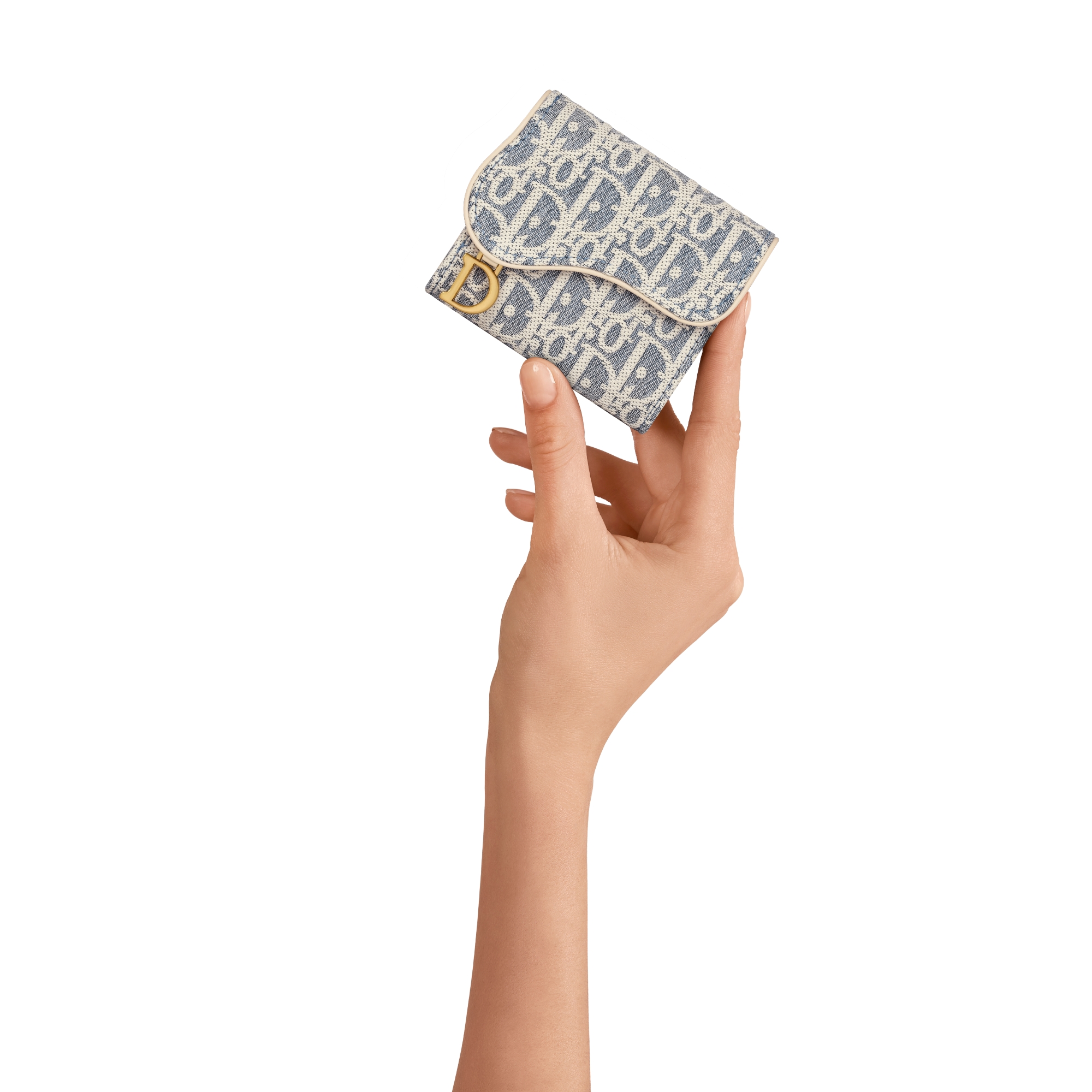 Saddle Lotus Wallet Blue Dior Oblique Chambray with Raffia Effect and Light Biscuit Smooth Calfskin E11