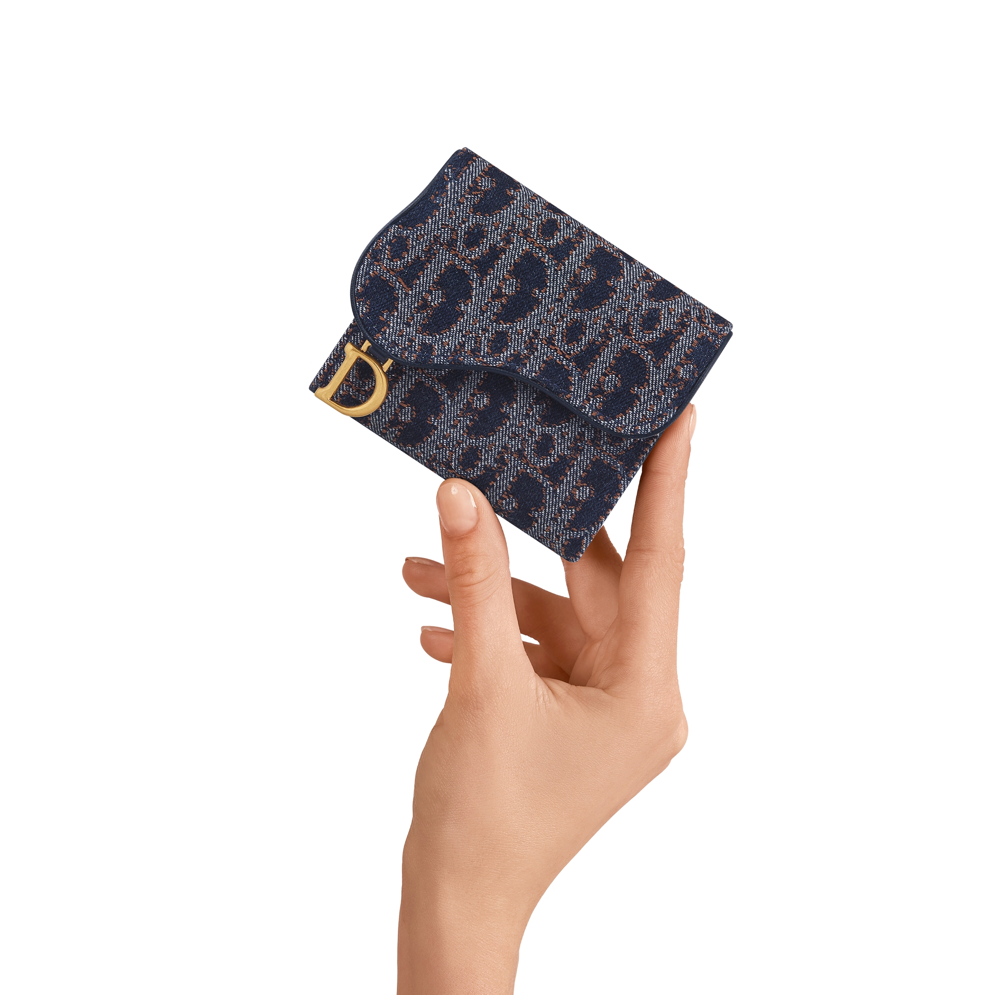 Saddle Lotus Wallet Blue and Tobacco Brown Dior Oblique Denim with Contrasting Topstitching E11