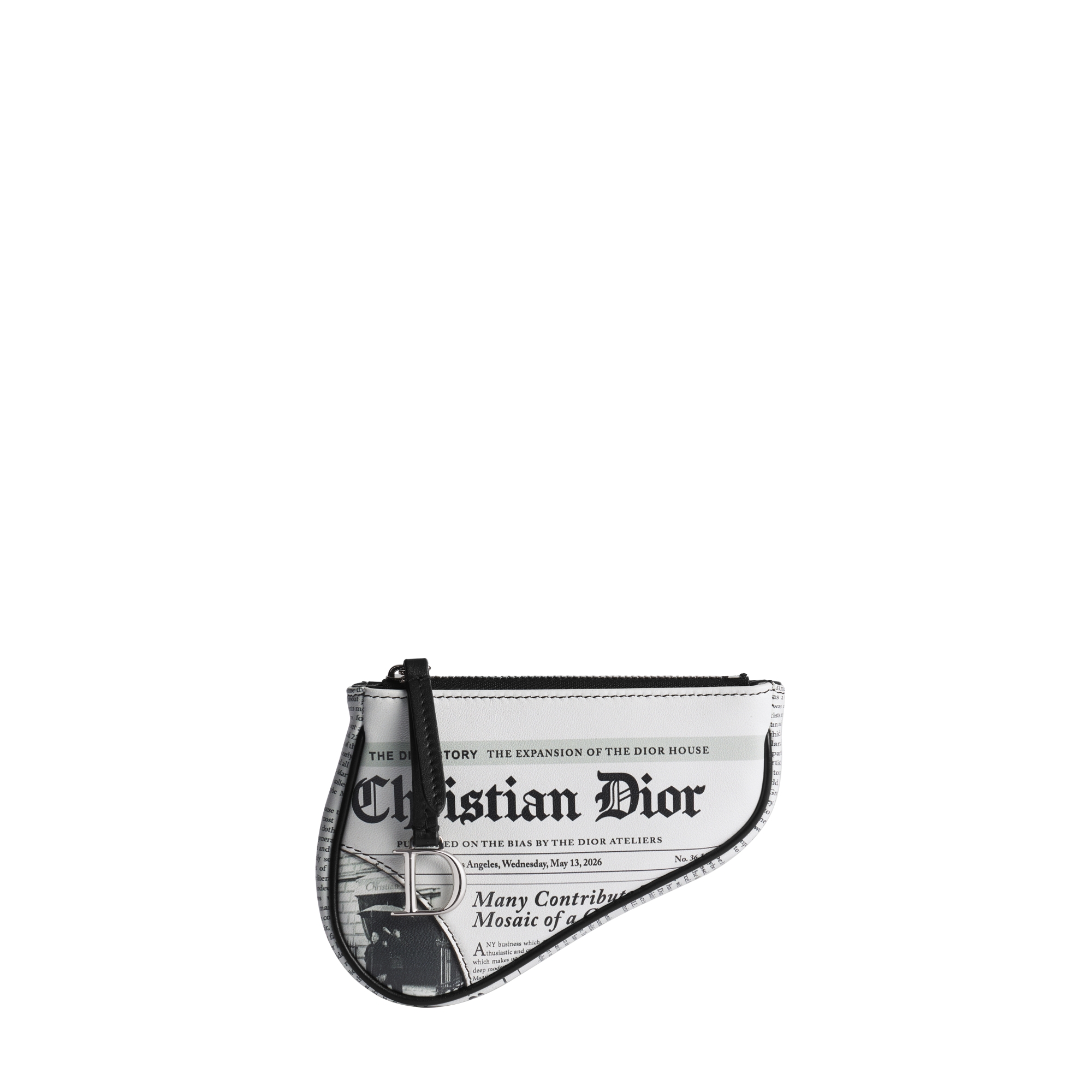 Saddle Myrte Zipped Key Case White and Black Newspaper Printed