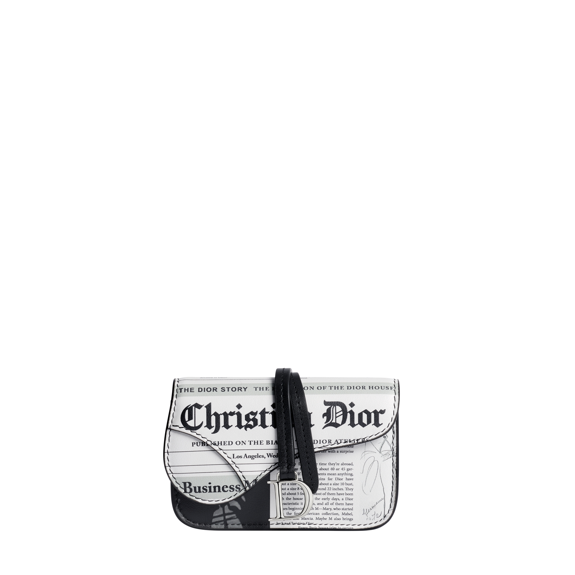 Saddle Bloom Card Holder White and Black Newspaper Printed Calfskin E01