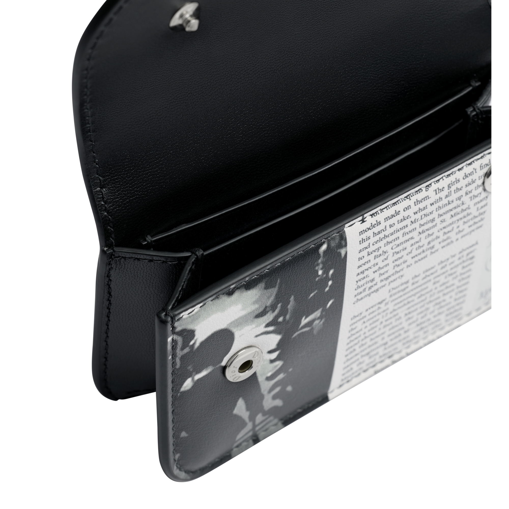 Saddle Bloom Card Holder White and Black Newspaper Printed Calfskin E06