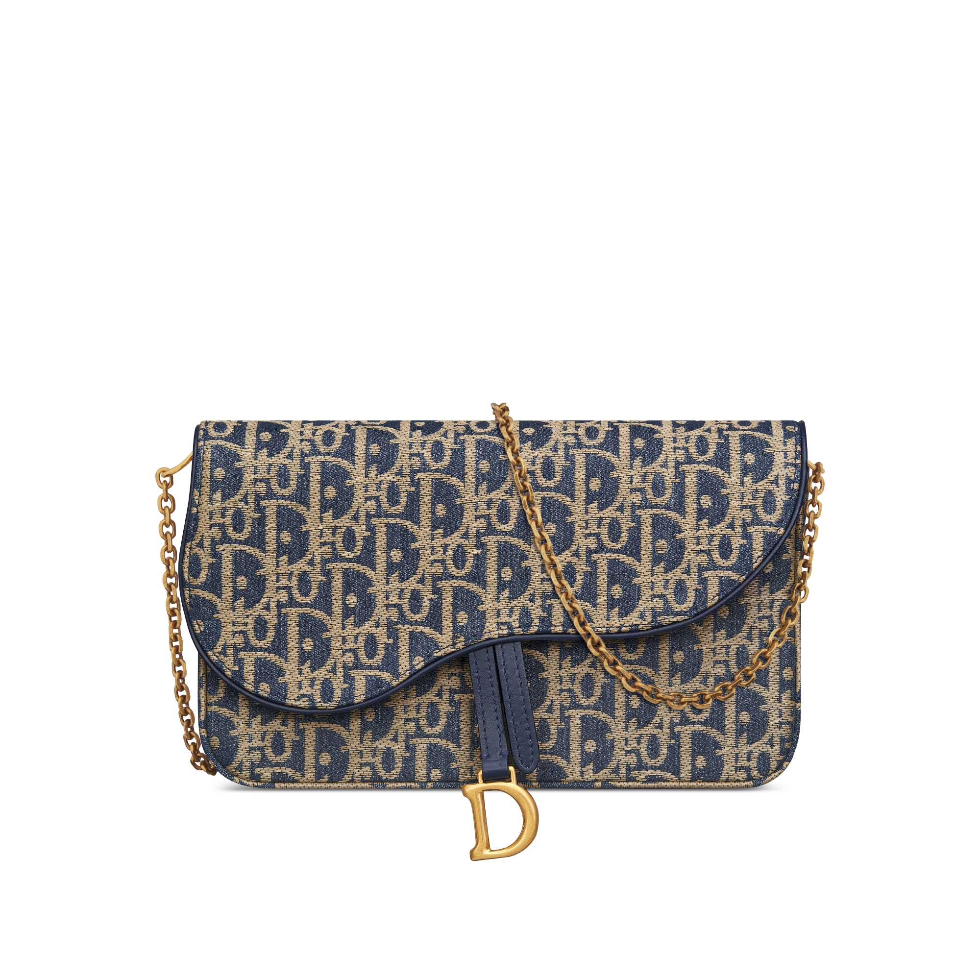 Medium Saddle Pouch with Chain Blue Dior Oblique Chambray with