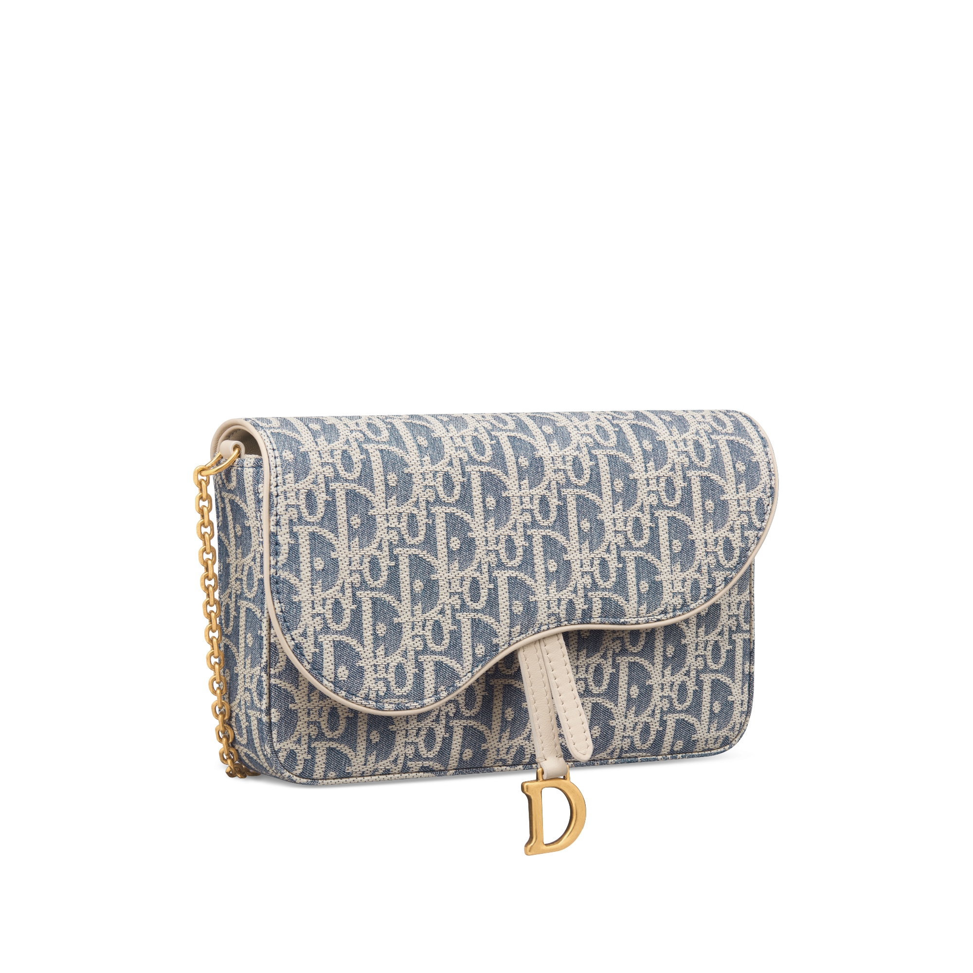 Medium Saddle Pouch with Chain Blue Dior Oblique Chambray with Raffia Effect and Light Biscuit Smooth Calfskin E03