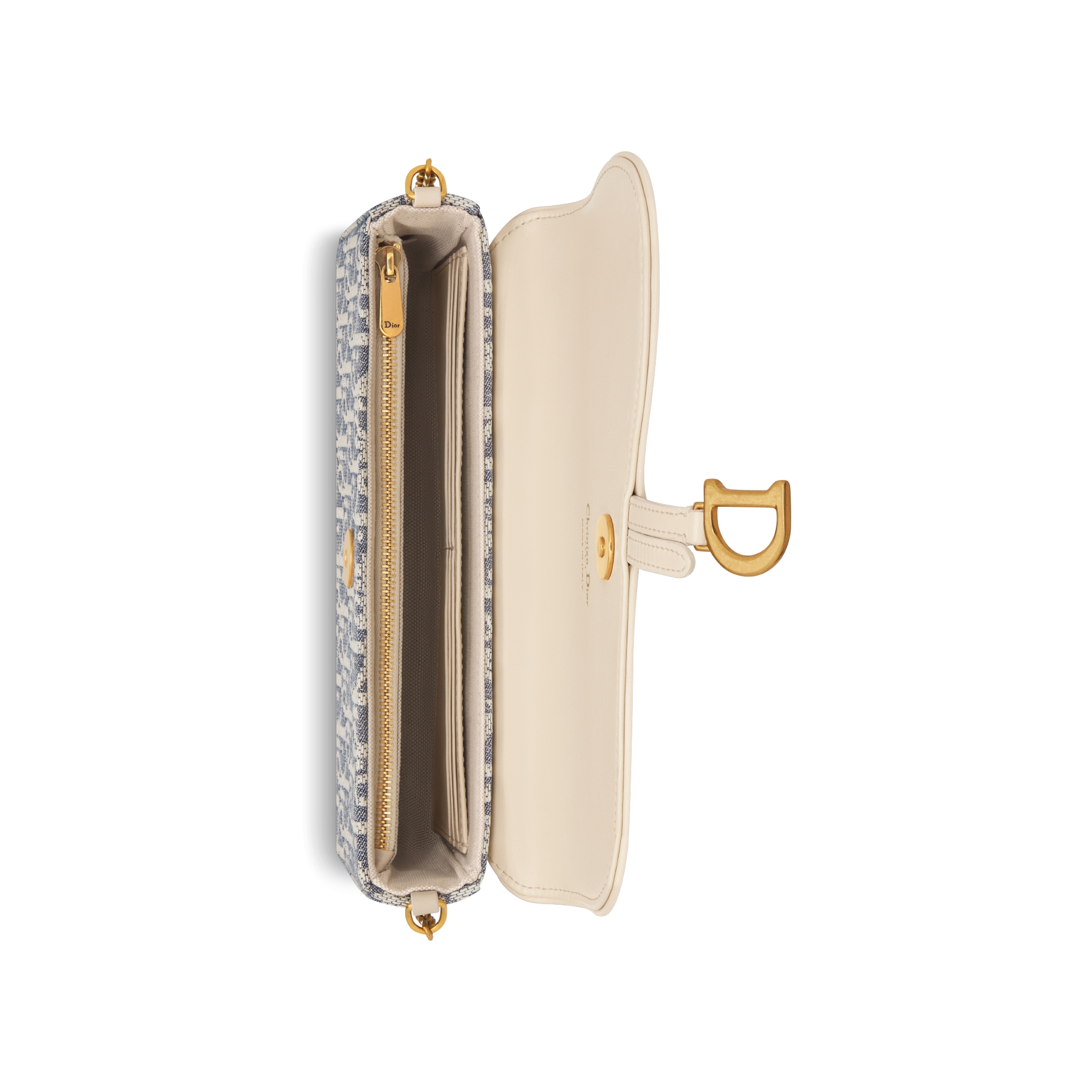 Medium Saddle Pouch with Chain Blue Dior Oblique Chambray with Raffia Effect and Light Biscuit Smooth Calfskin E06