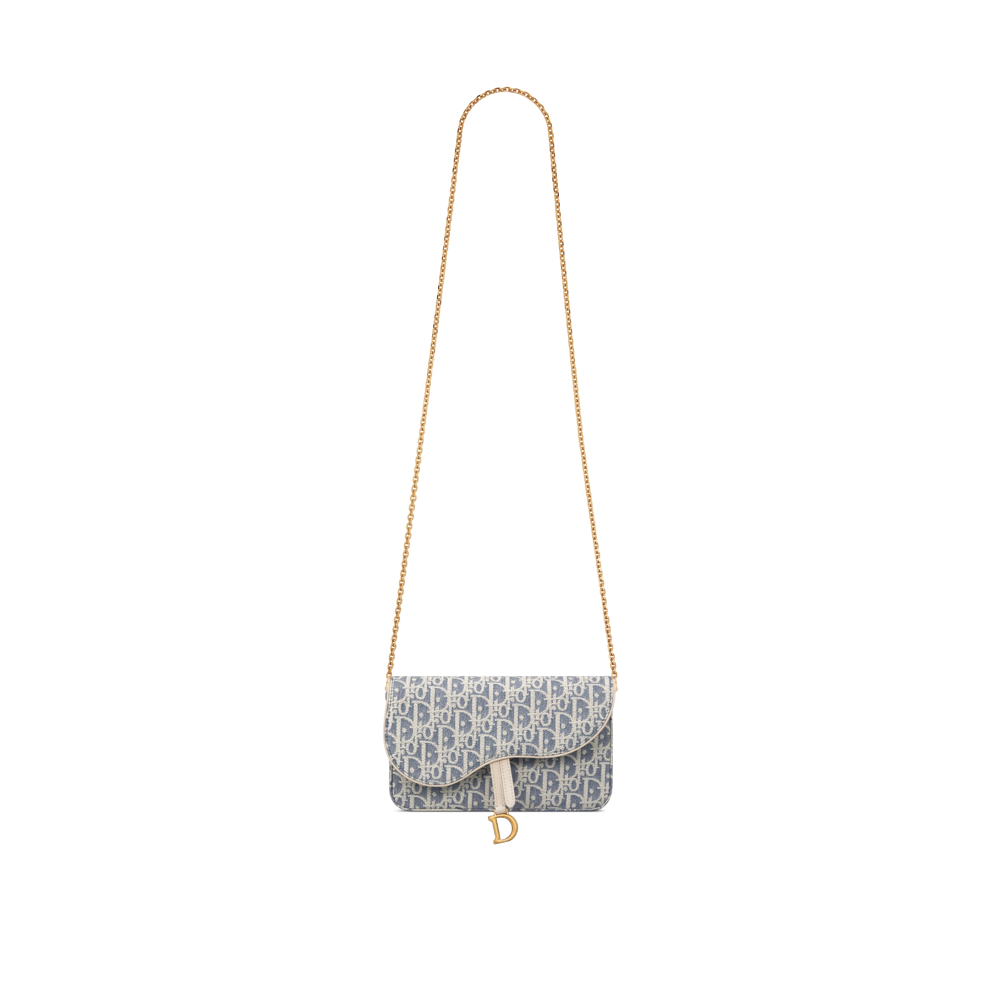 Medium Saddle Pouch with Chain Blue Dior Oblique Chambray with Raffia Effect and Light Biscuit Smooth Calfskin E07