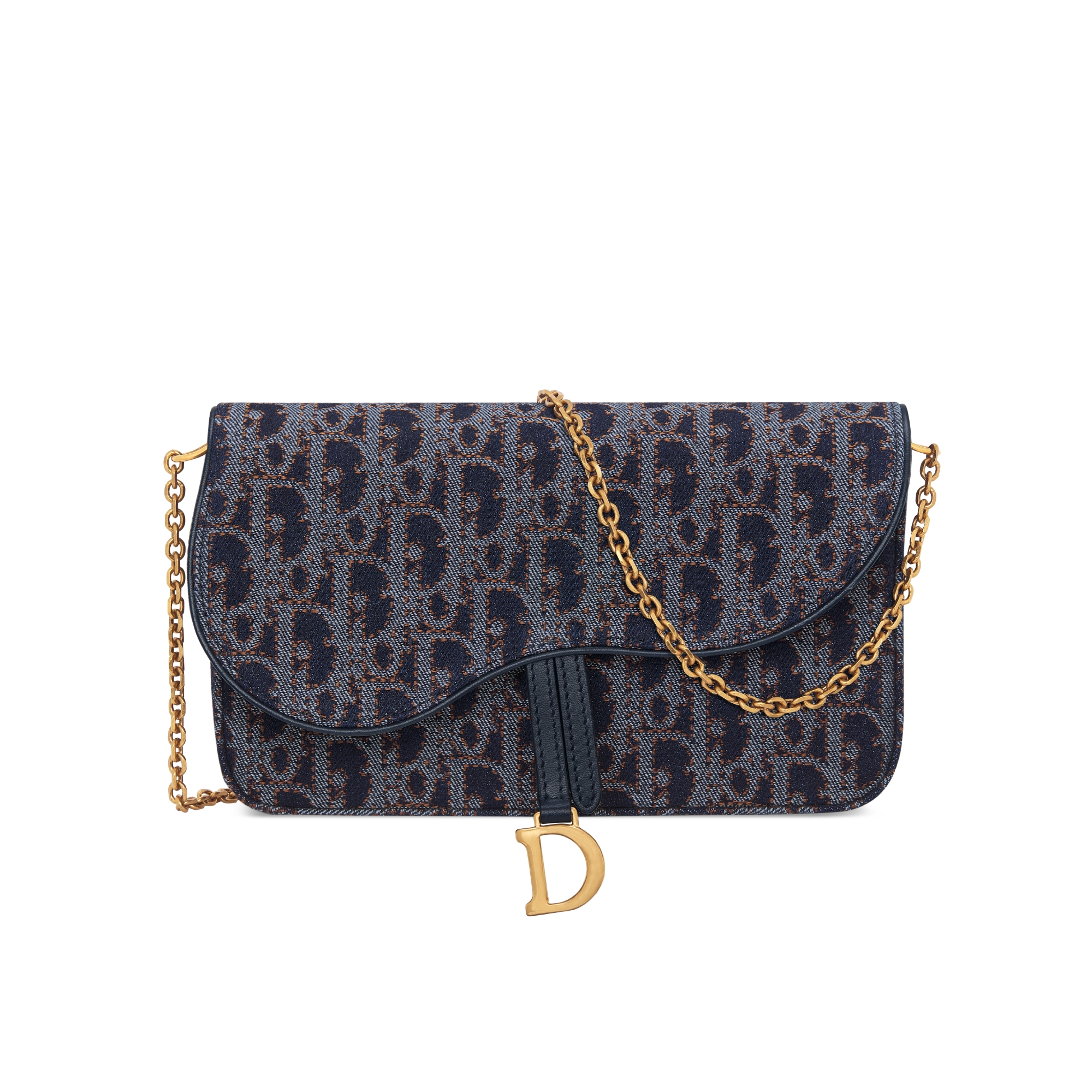 Mittelgroße Saddle Pouch mit Kette Dior Oblique Denim in Blau und Tabakbraun mit kontrastierenden Steppnähten E01