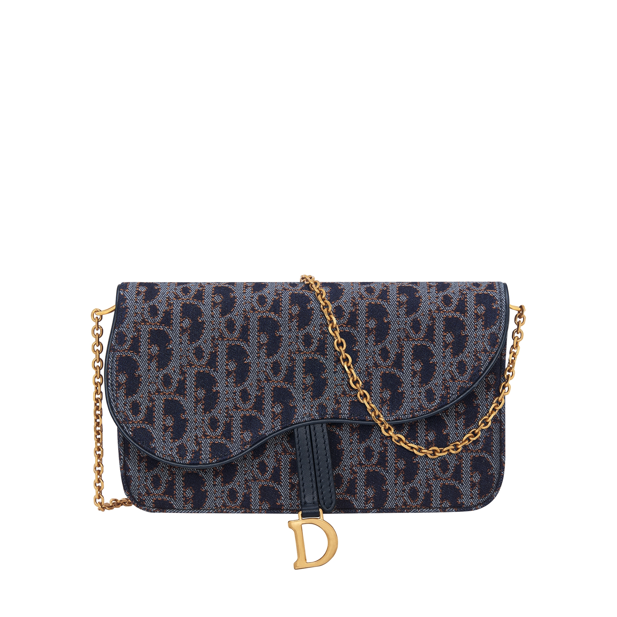 Medium Saddle Pouch with Chain Blue and Tobacco Brown Dior Oblique