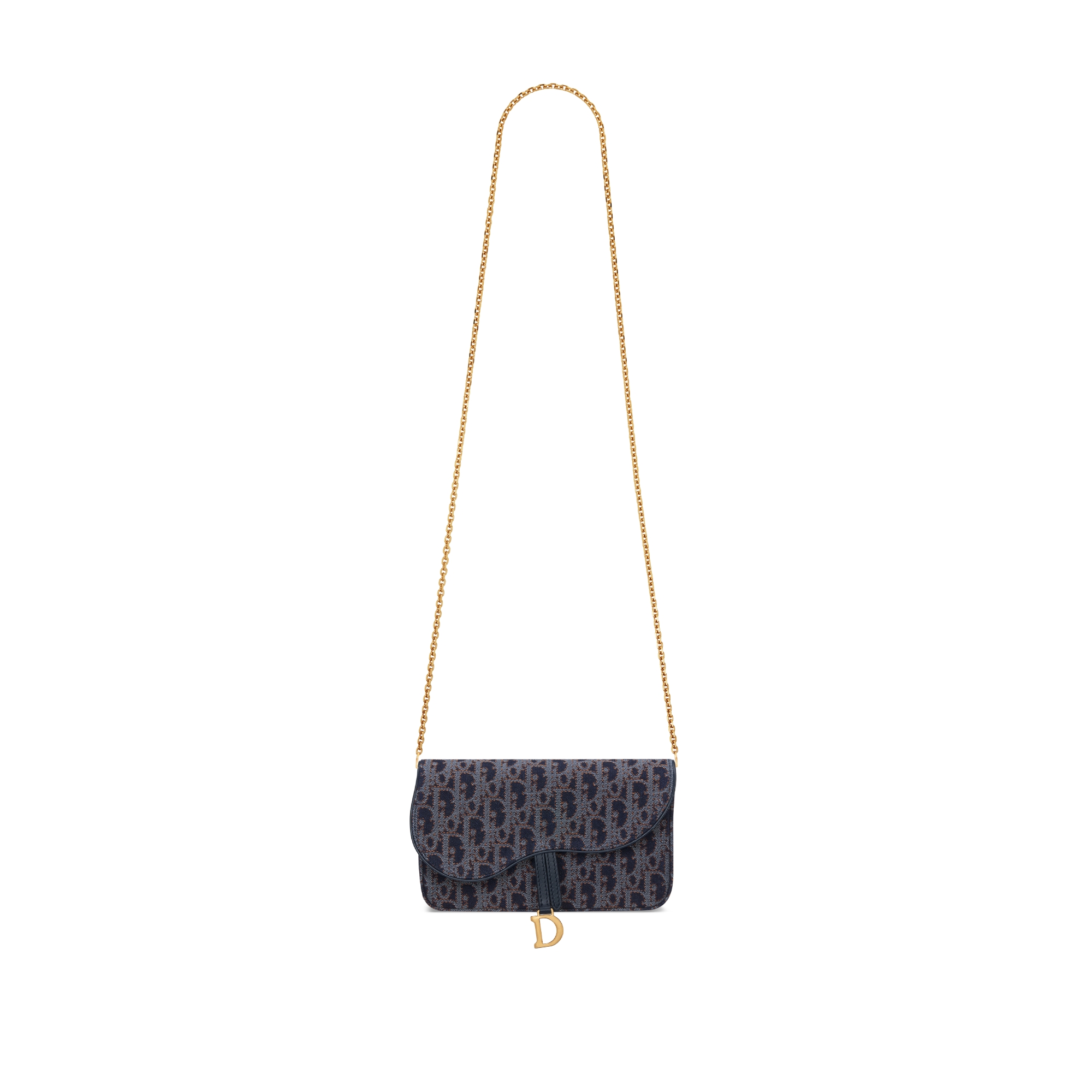 Pochette media con catena Saddle Denim Dior Oblique blu e marrone tabacco con impuntura a contrasto E07