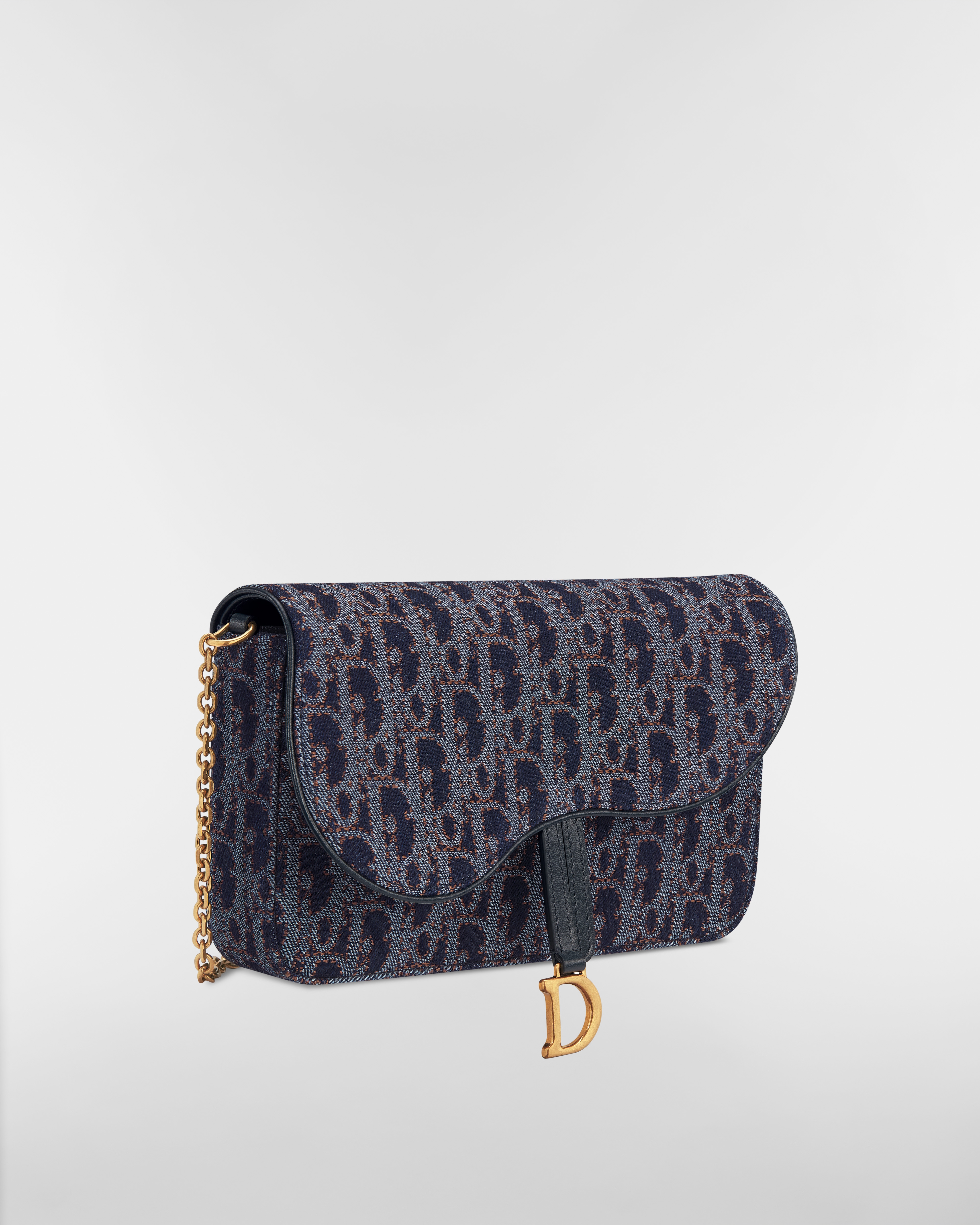 Medium Saddle Pouch with Chain Blue and Tobacco Brown Dior Oblique Denim with Contrasting Topstitching E03