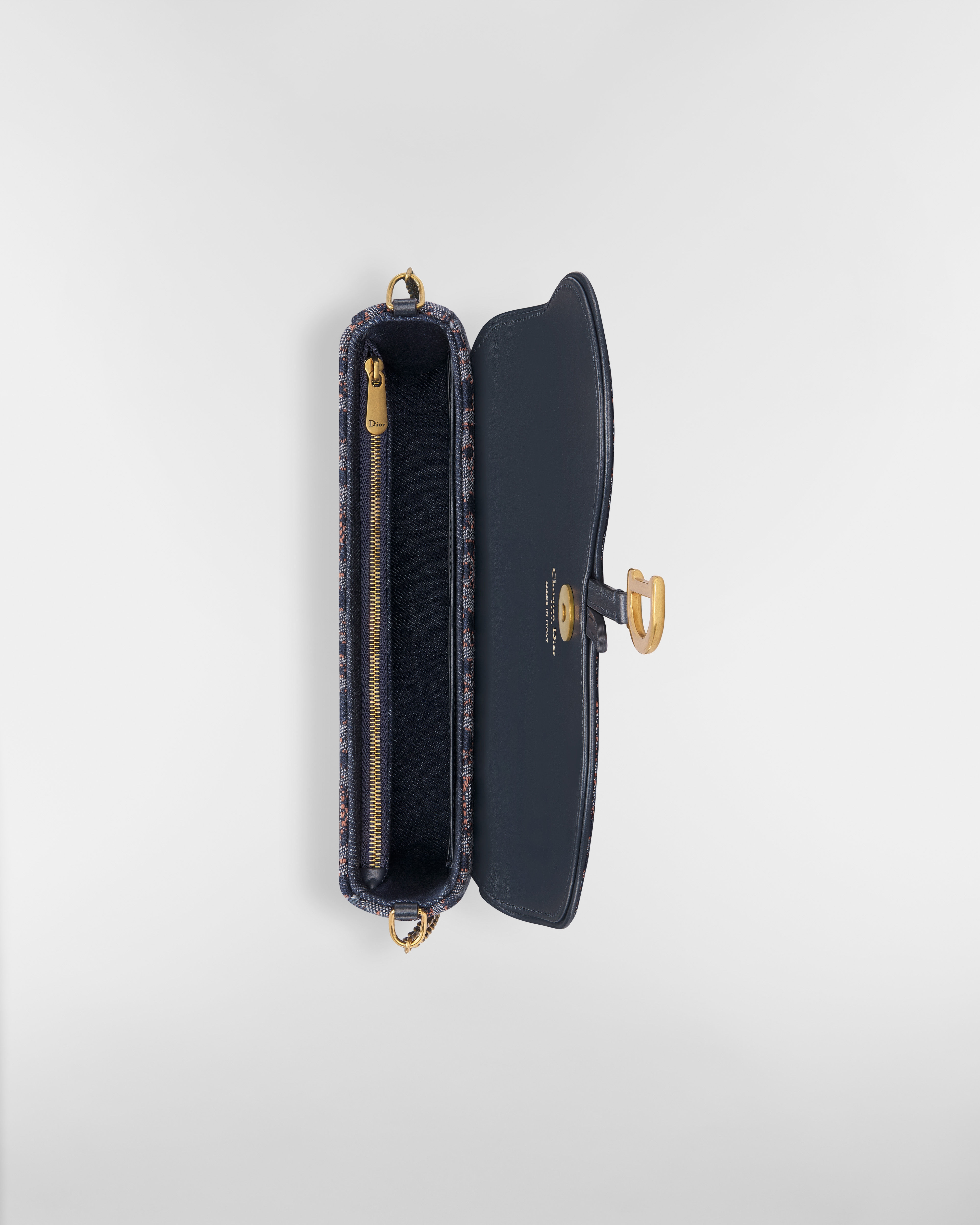 Medium Saddle Pouch with Chain Blue and Tobacco Brown Dior Oblique Denim with Contrasting Topstitching E06