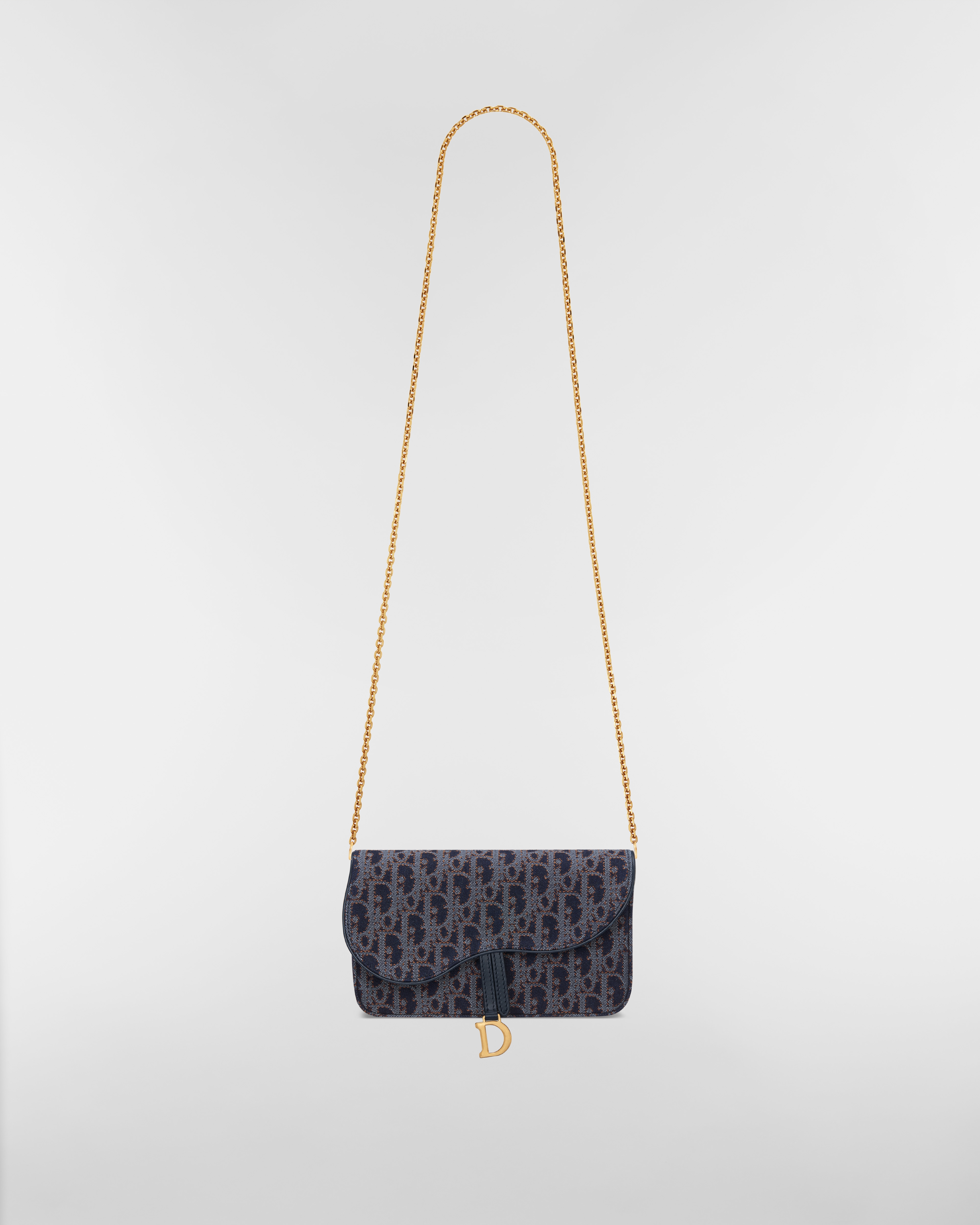 Medium Saddle Pouch with Chain Blue and Tobacco Brown Dior Oblique Denim with Contrasting Topstitching E07