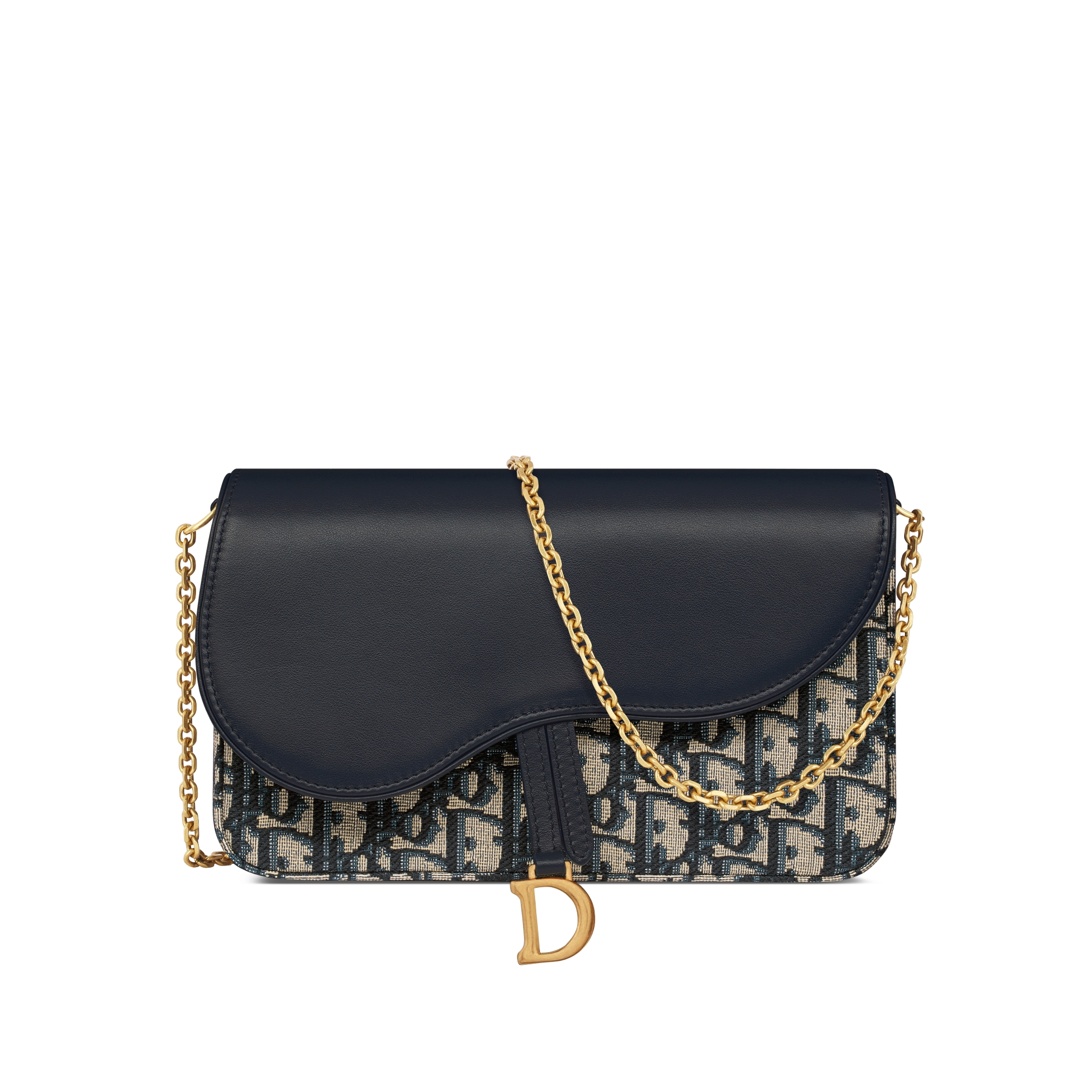 Middelgrote Saddle-pouch met ketting Blauwe Dior Oblique-jacquard en soepel kalfsleer E01