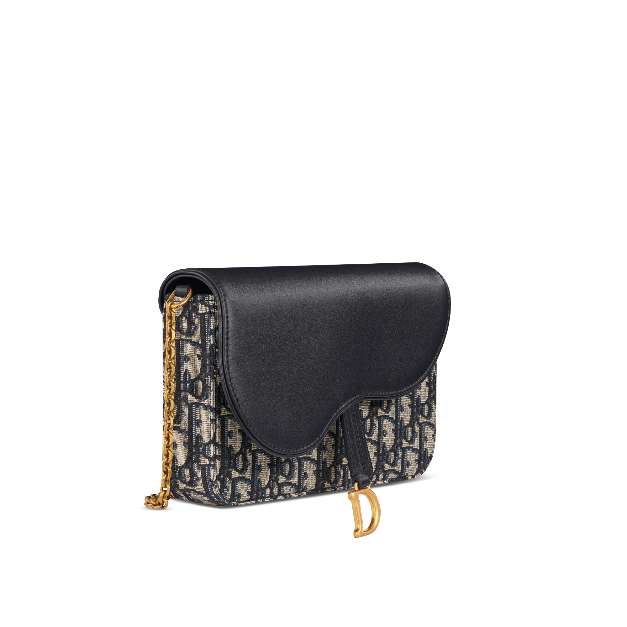 Middelgrote Saddle-pouch met ketting Blauwe Dior Oblique-jacquard en soepel kalfsleer E03