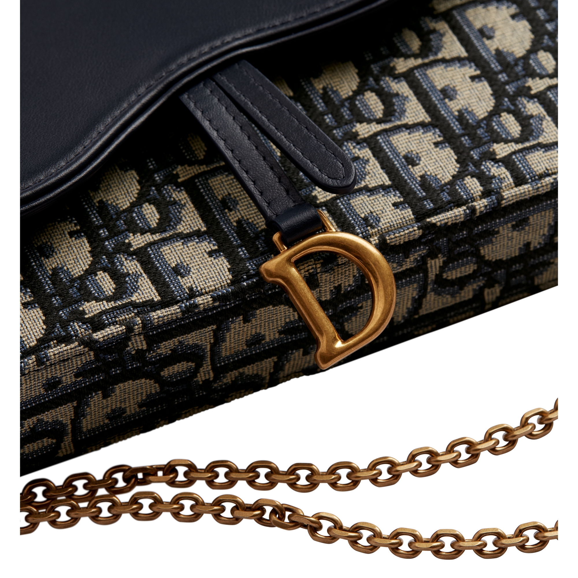 Medium Saddle Pouch with Chain Blue Dior Oblique Jacquard and Smooth Calfskin E09