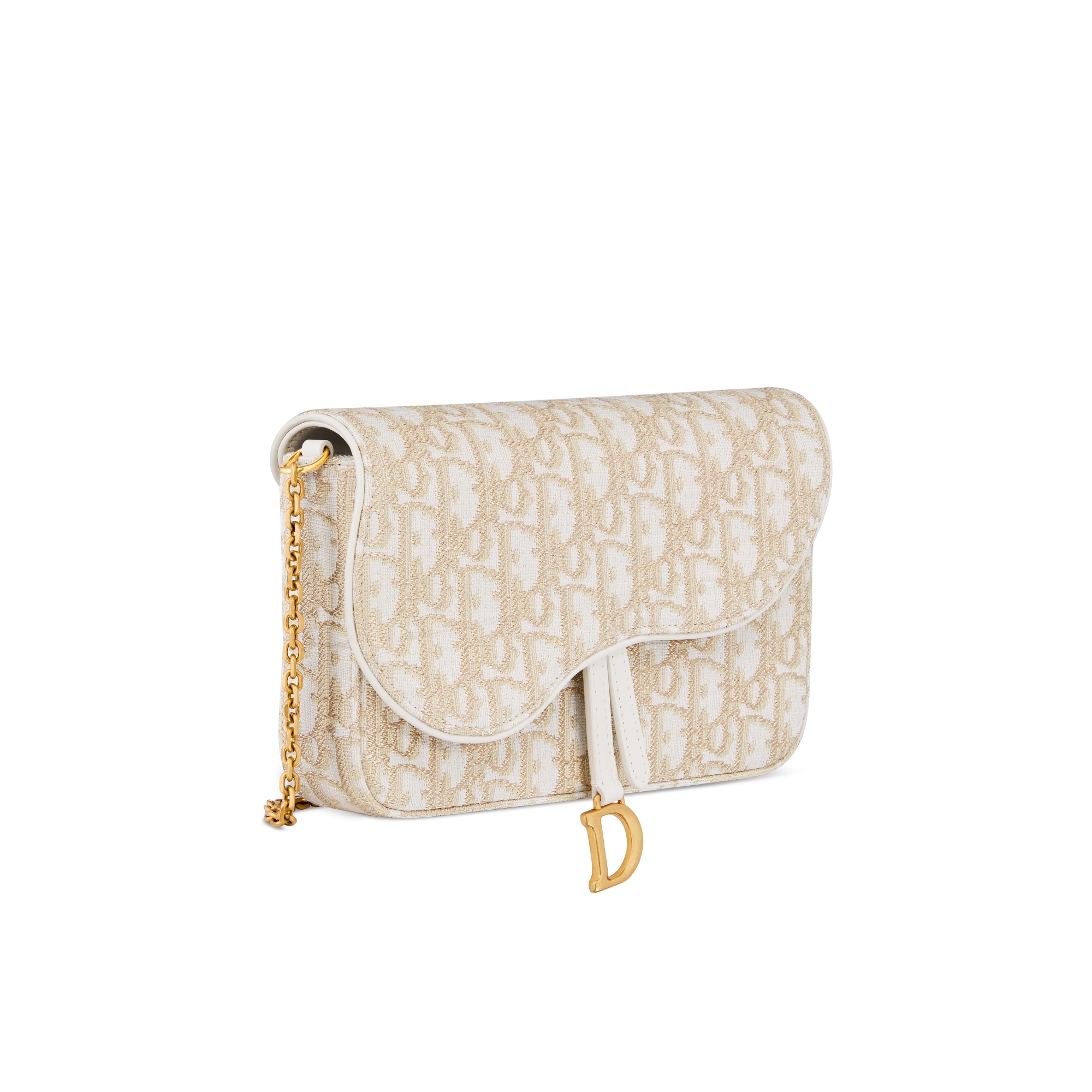 Saddle 미디엄 체인 파우치 골드 톤 Dior Oblique 자카드 E03
