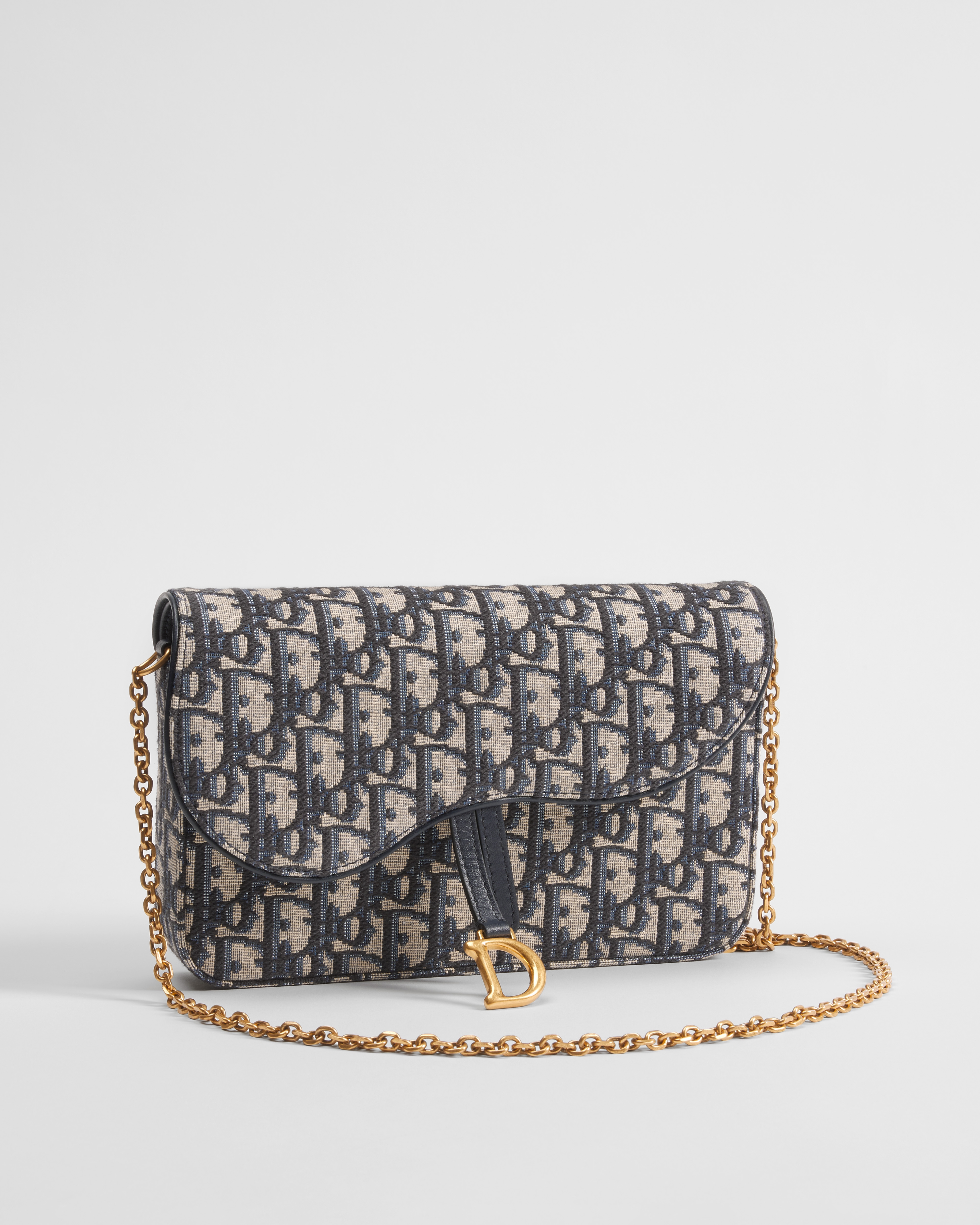 Medium Saddle Pouch with Chain Blue Dior Oblique Jacquard E03