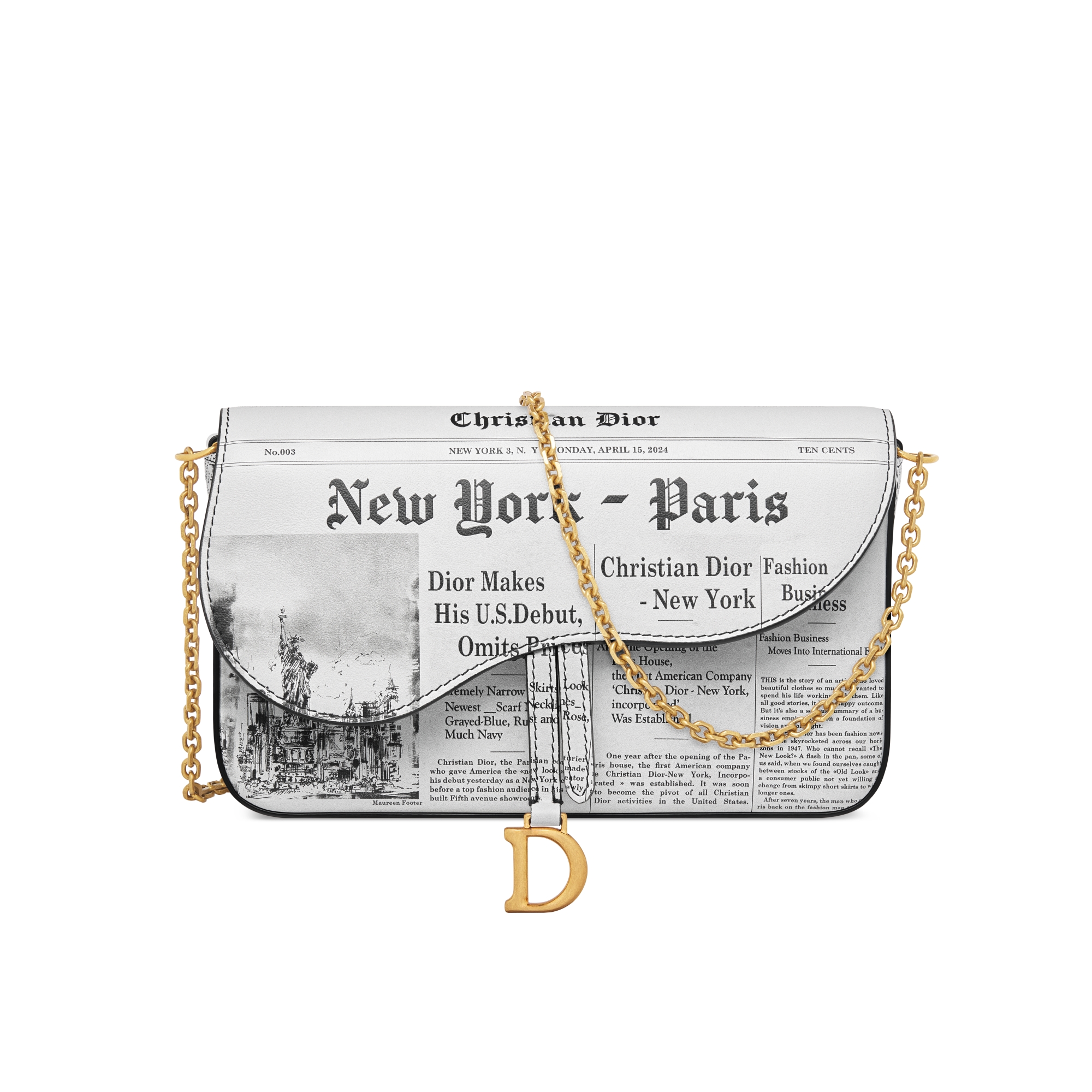 Mittelgroße Saddle Pouch mit Kette Kalbsleder mit Newspaper Print in Weiß und Schwarz E01