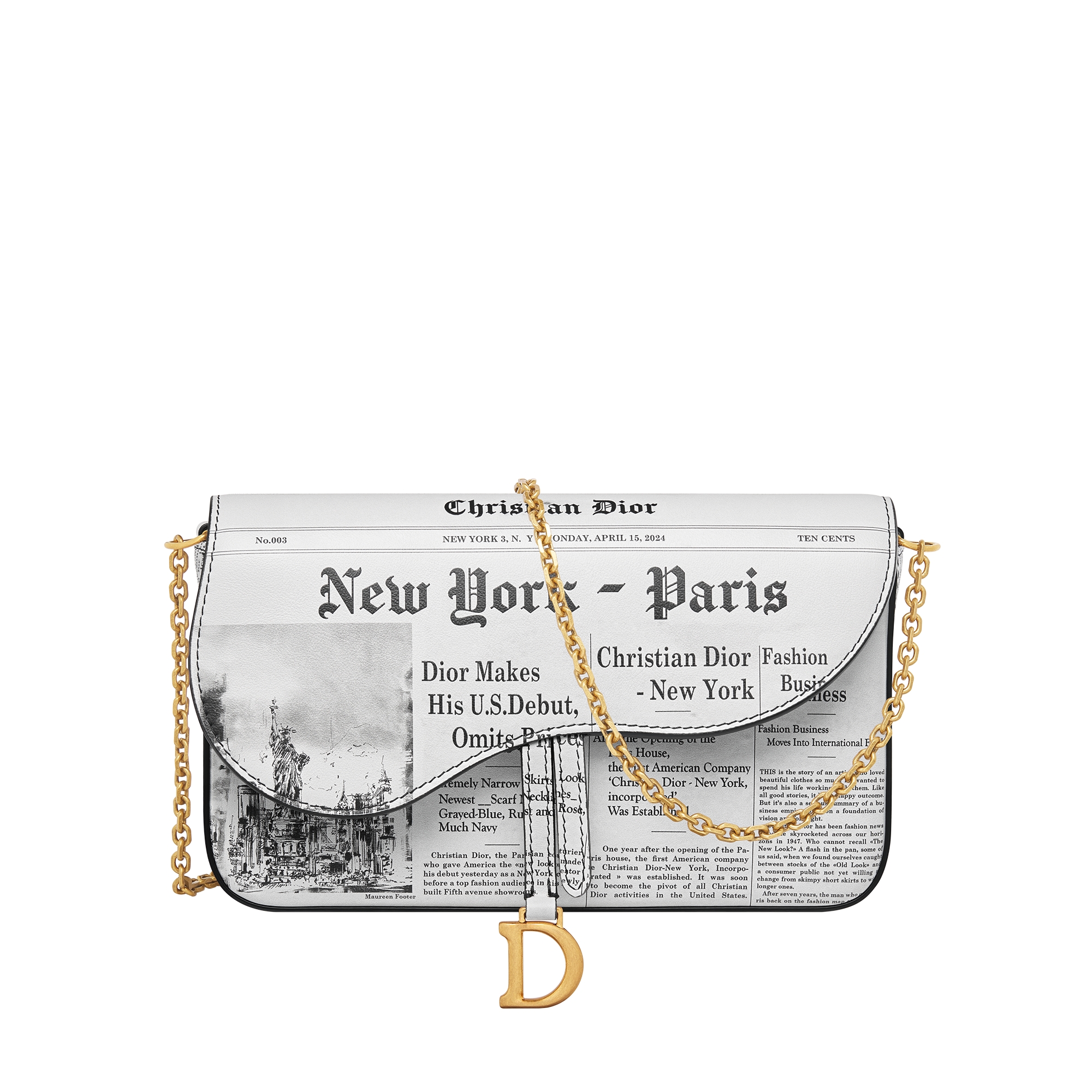 Medium Saddle Pouch with Chain White and Black Calfskin with