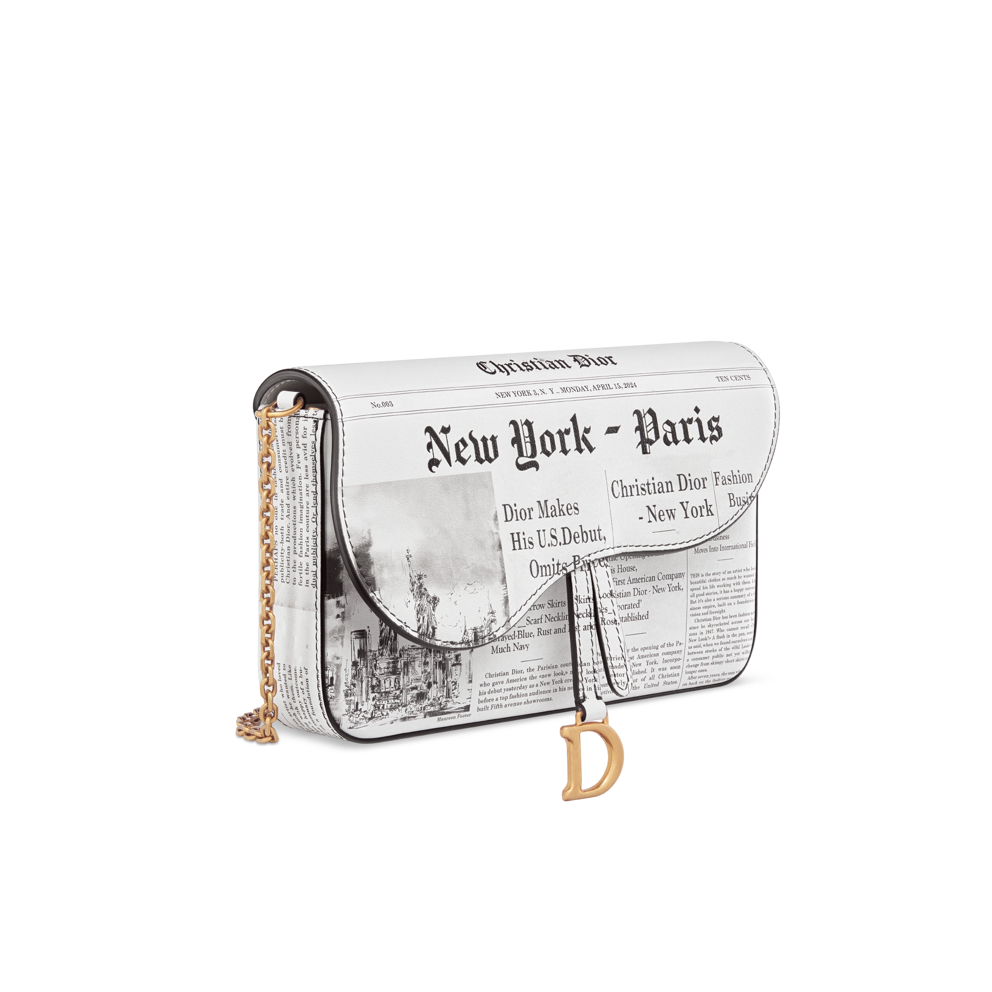 Medium Saddle Pouch with Chain White and Black Calfskin with Newspaper Print E03