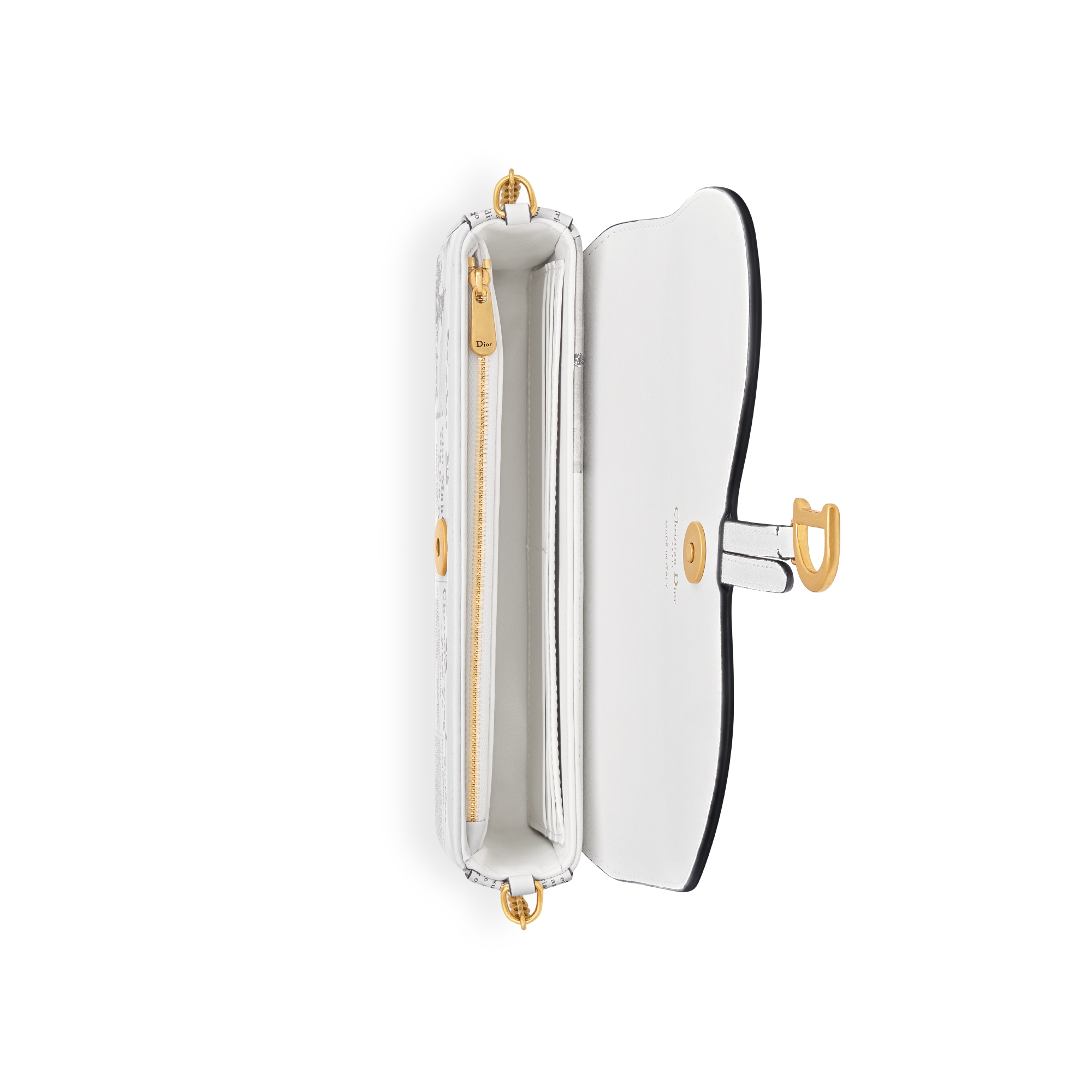 Medium Saddle Pouch with Chain White and Black Calfskin with Newspaper Print E06