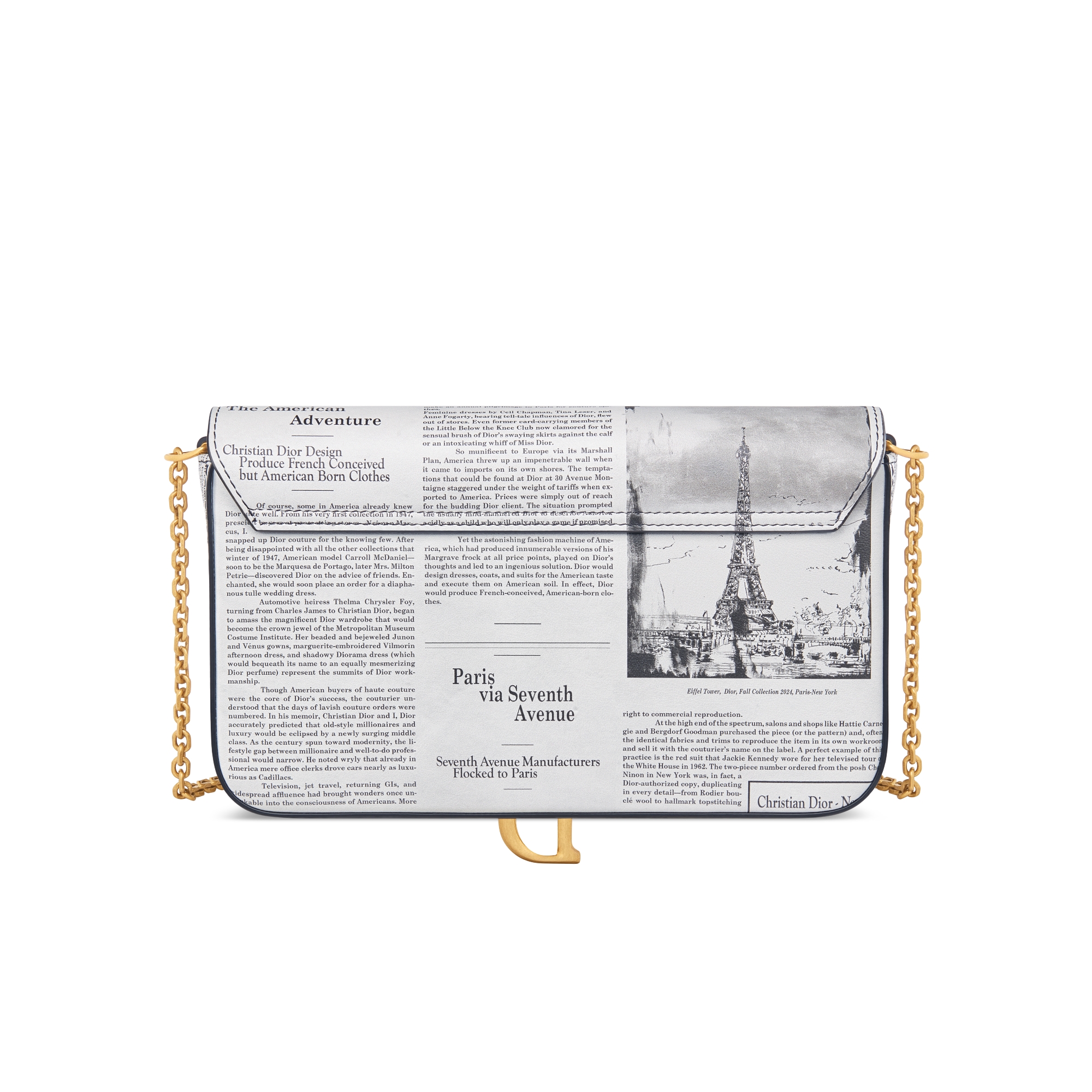 Medium Saddle Pouch with Chain White and Black Calfskin with Newspaper Print E08