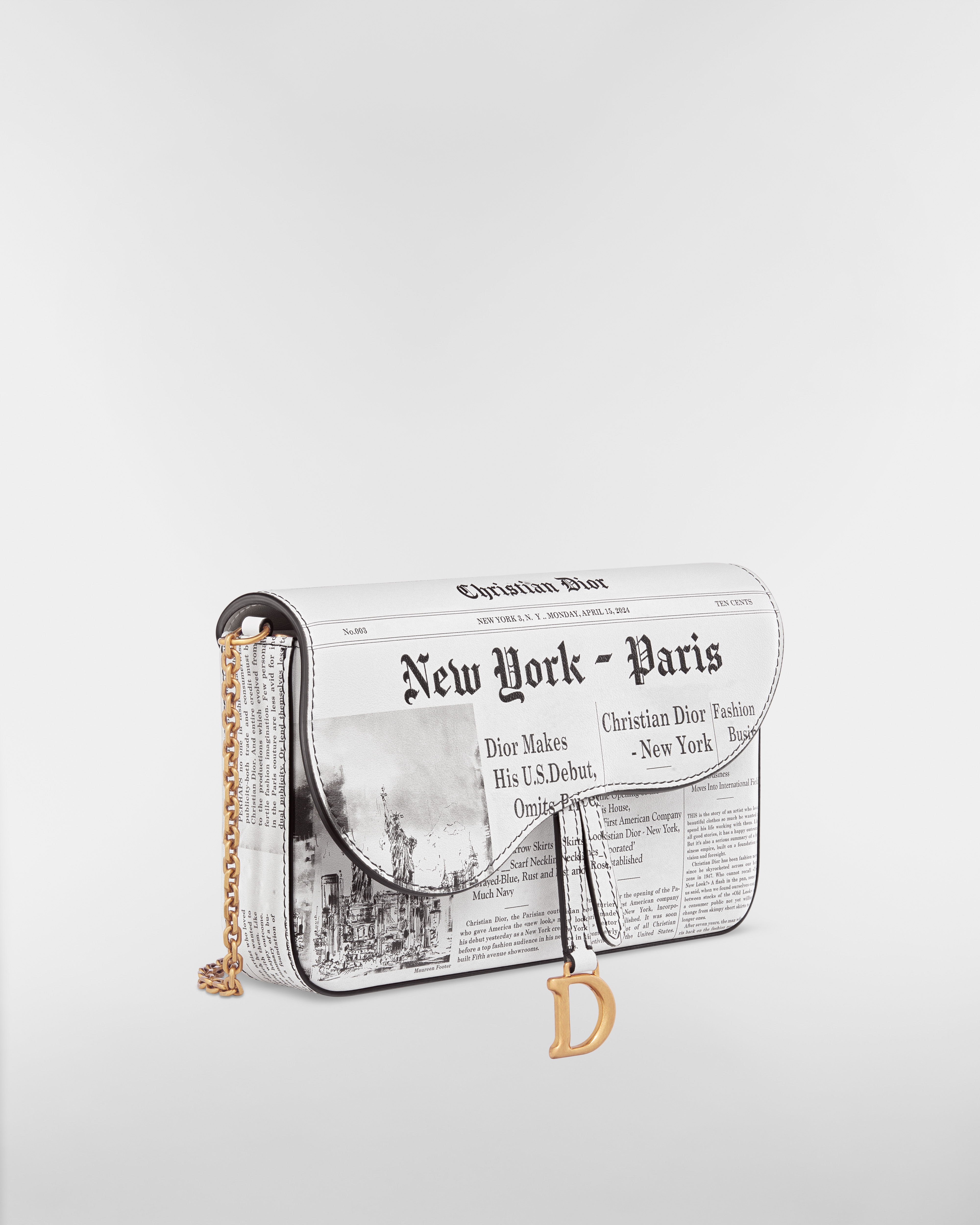 Medium Saddle Pouch with Chain White and Black Calfskin with Newspaper Print E03