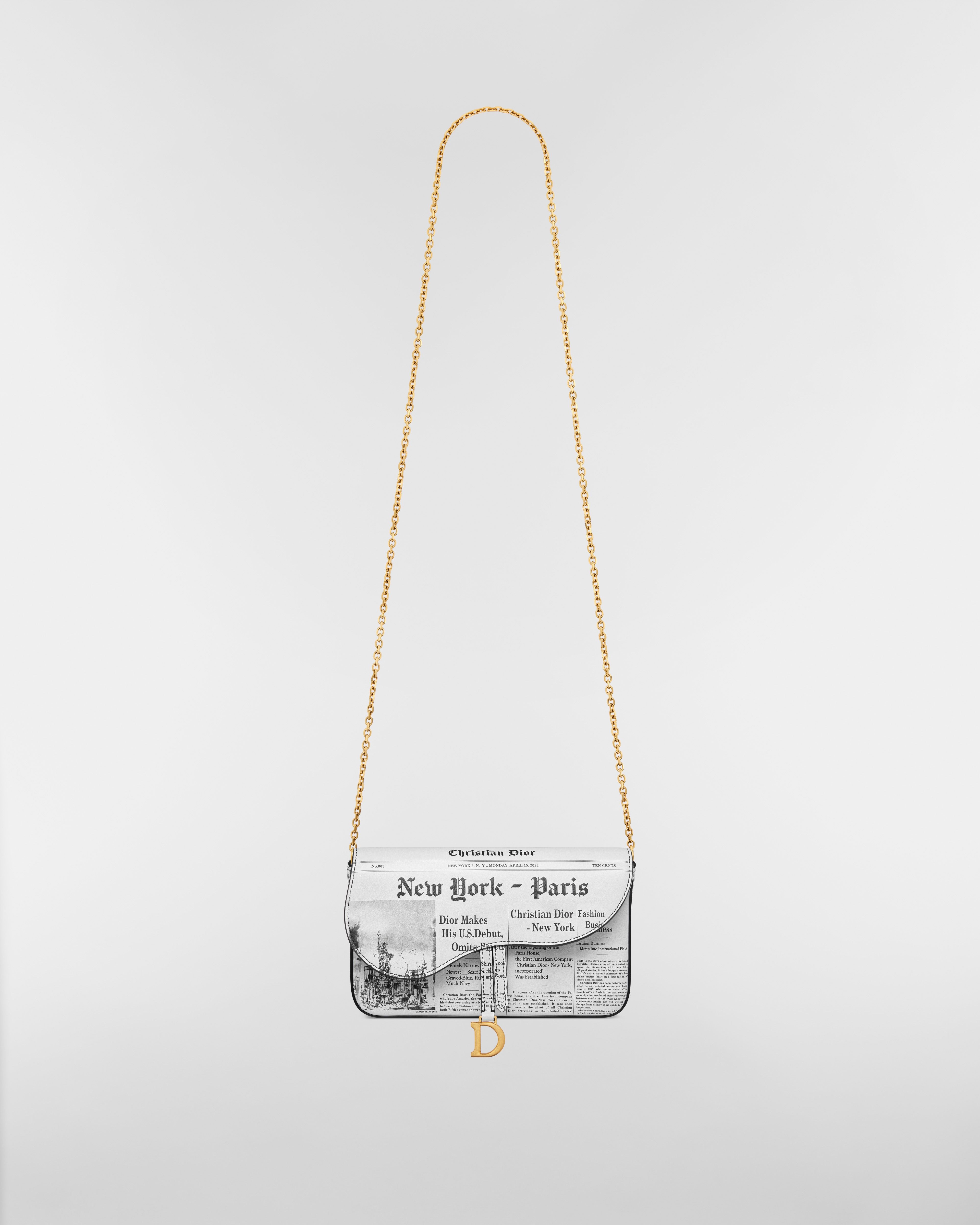 Medium Saddle Pouch with Chain White and Black Calfskin with Newspaper Print E07