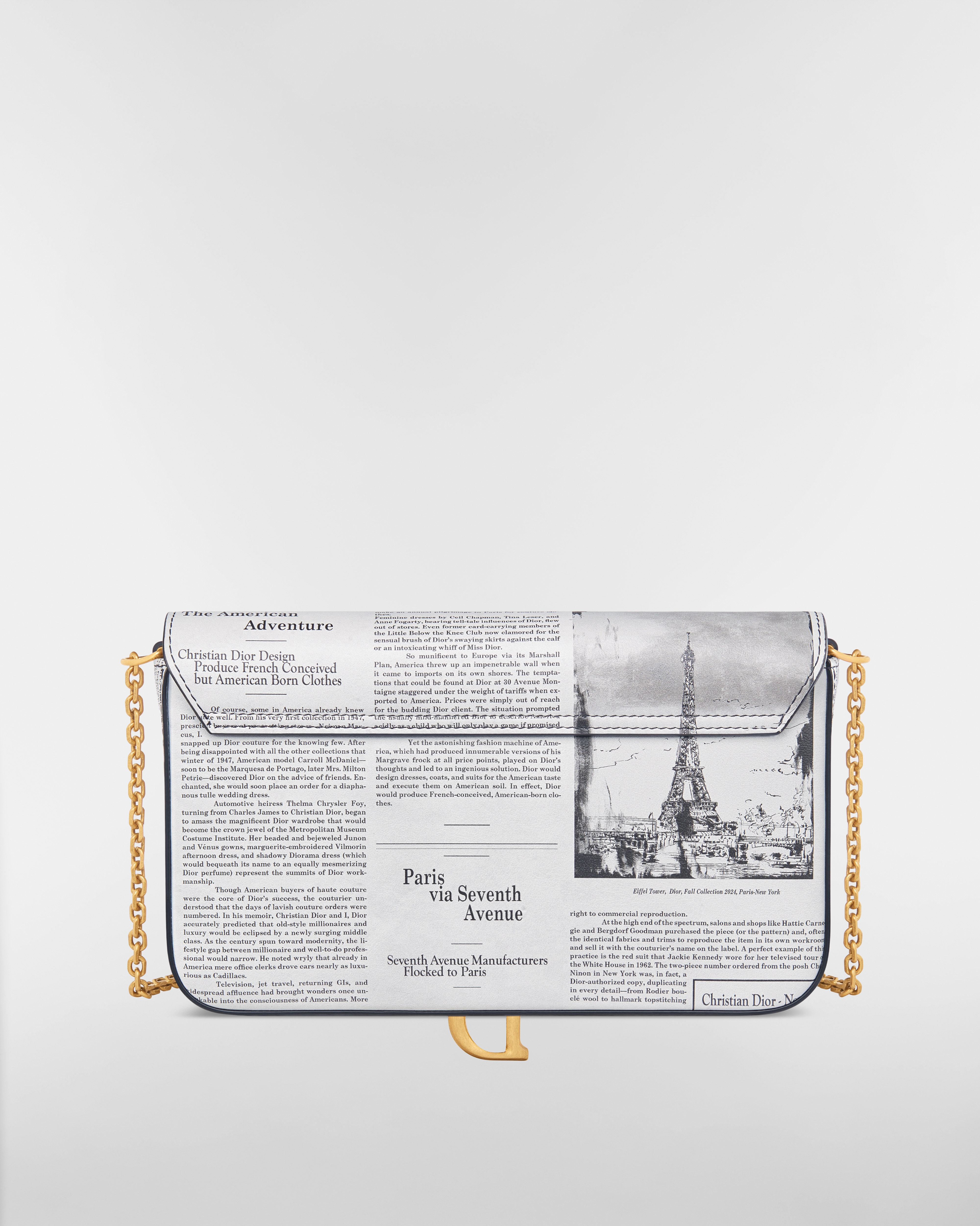 Medium Saddle Pouch with Chain White and Black Calfskin with Newspaper Print E08