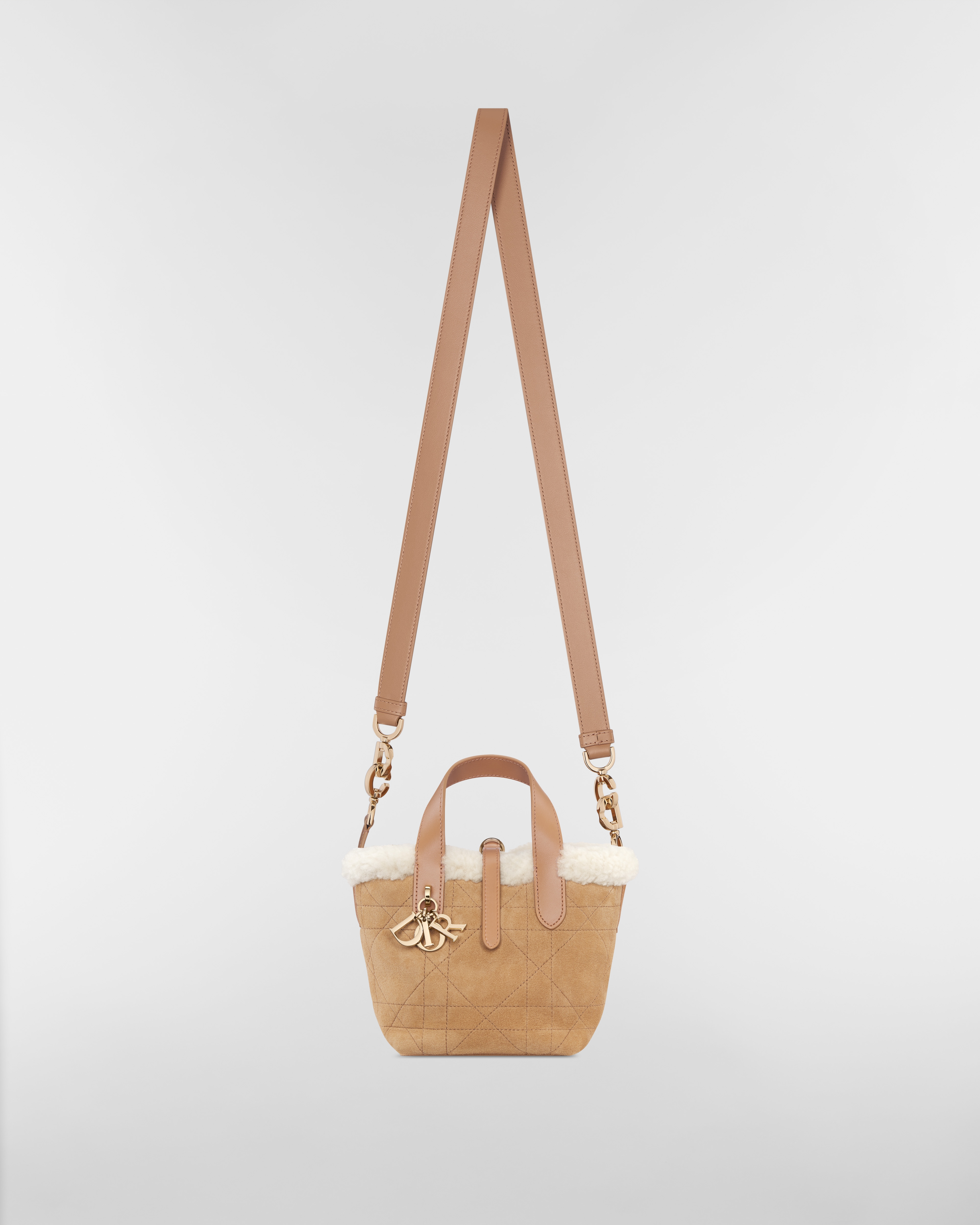 DiorAlps Dior Toujours Vertical Nano Tote Bag Beige Macrocannage Suede Calfskin and Ecru Merino Wool E07