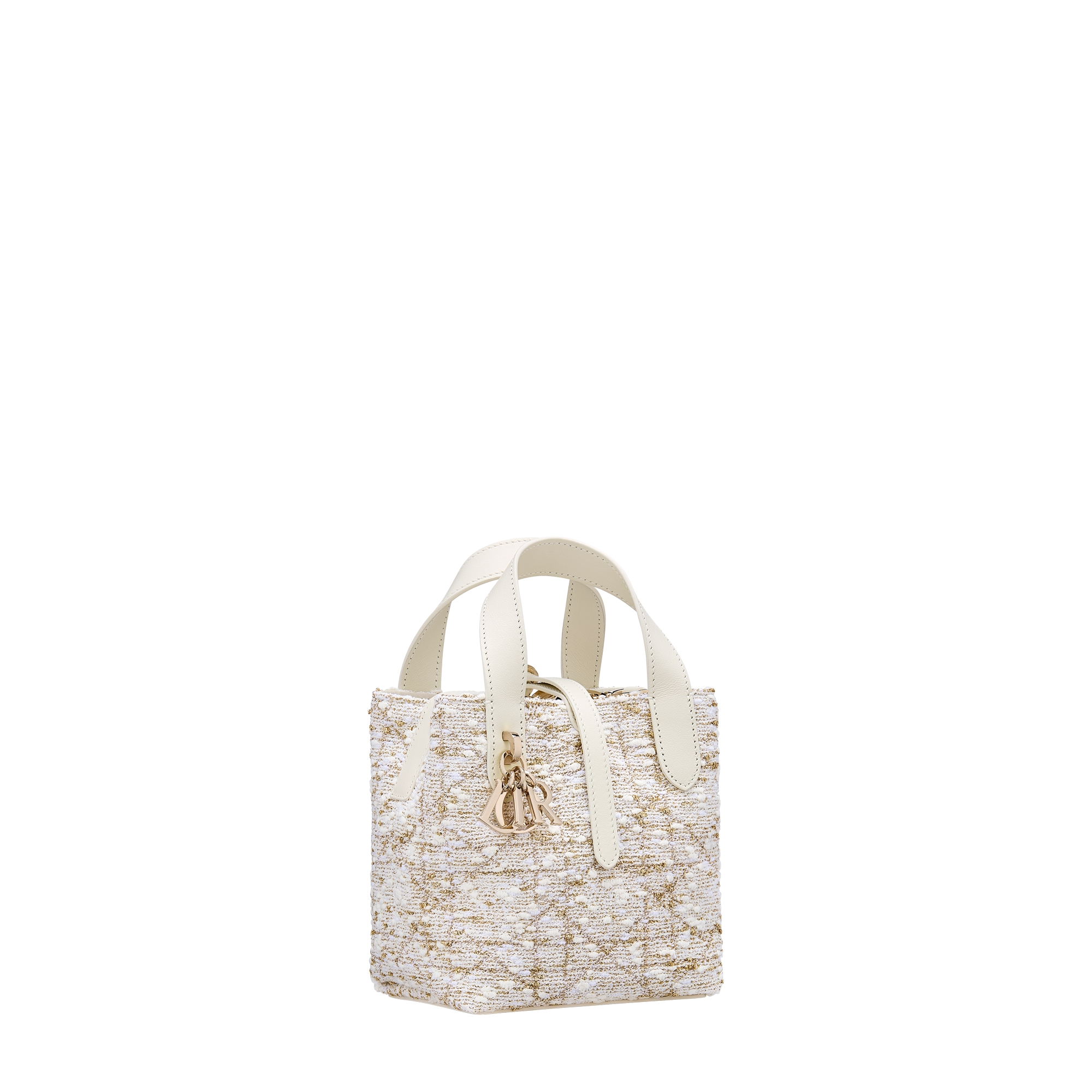 Dior Toujours Vertical Nano Tote Bag White Tweed with Gold-Tone Cannage Motif E03