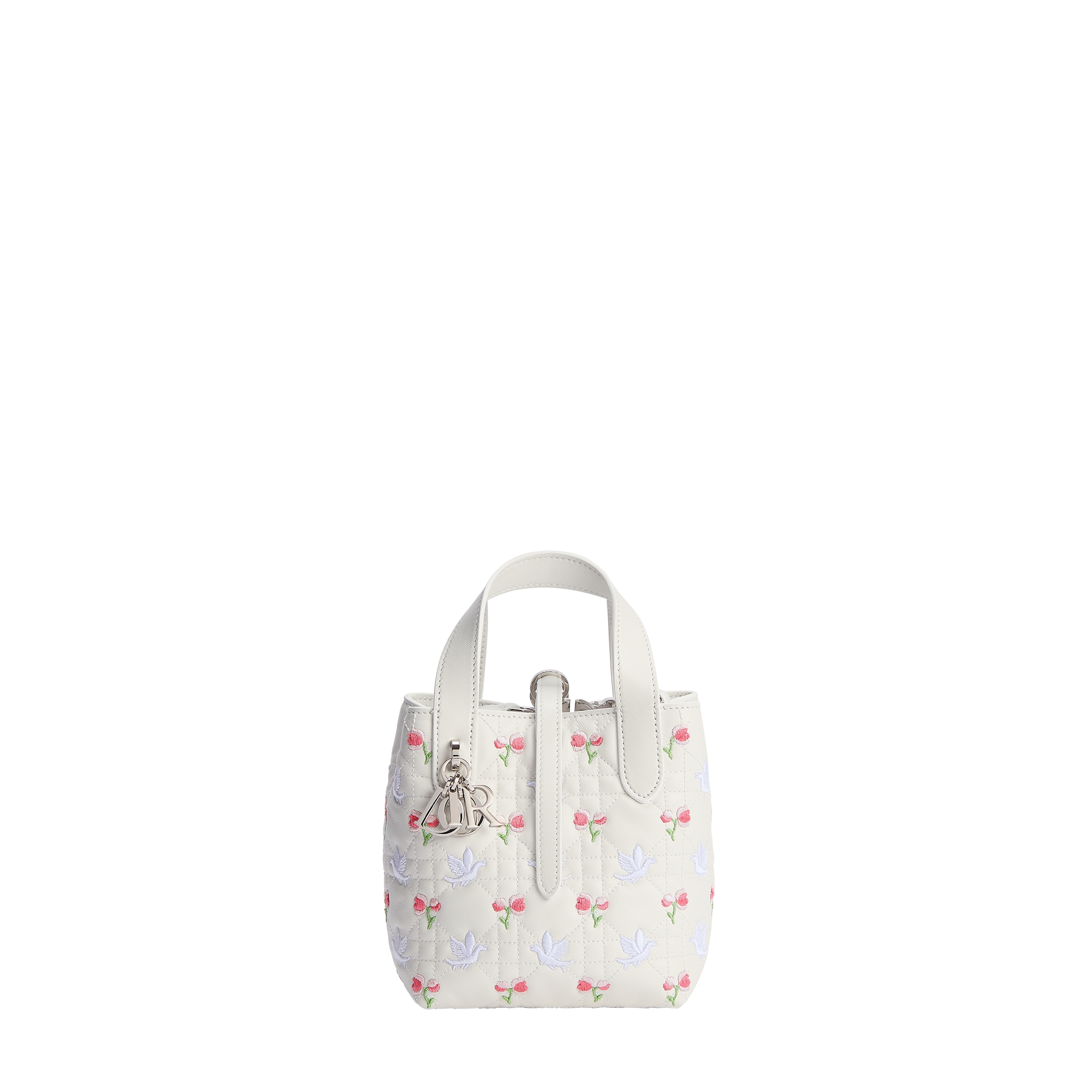 Dior Toujours Vertical Nano Tote Bag White Lambskin Embroidered with Multicolor Doves & Roses Motif E01