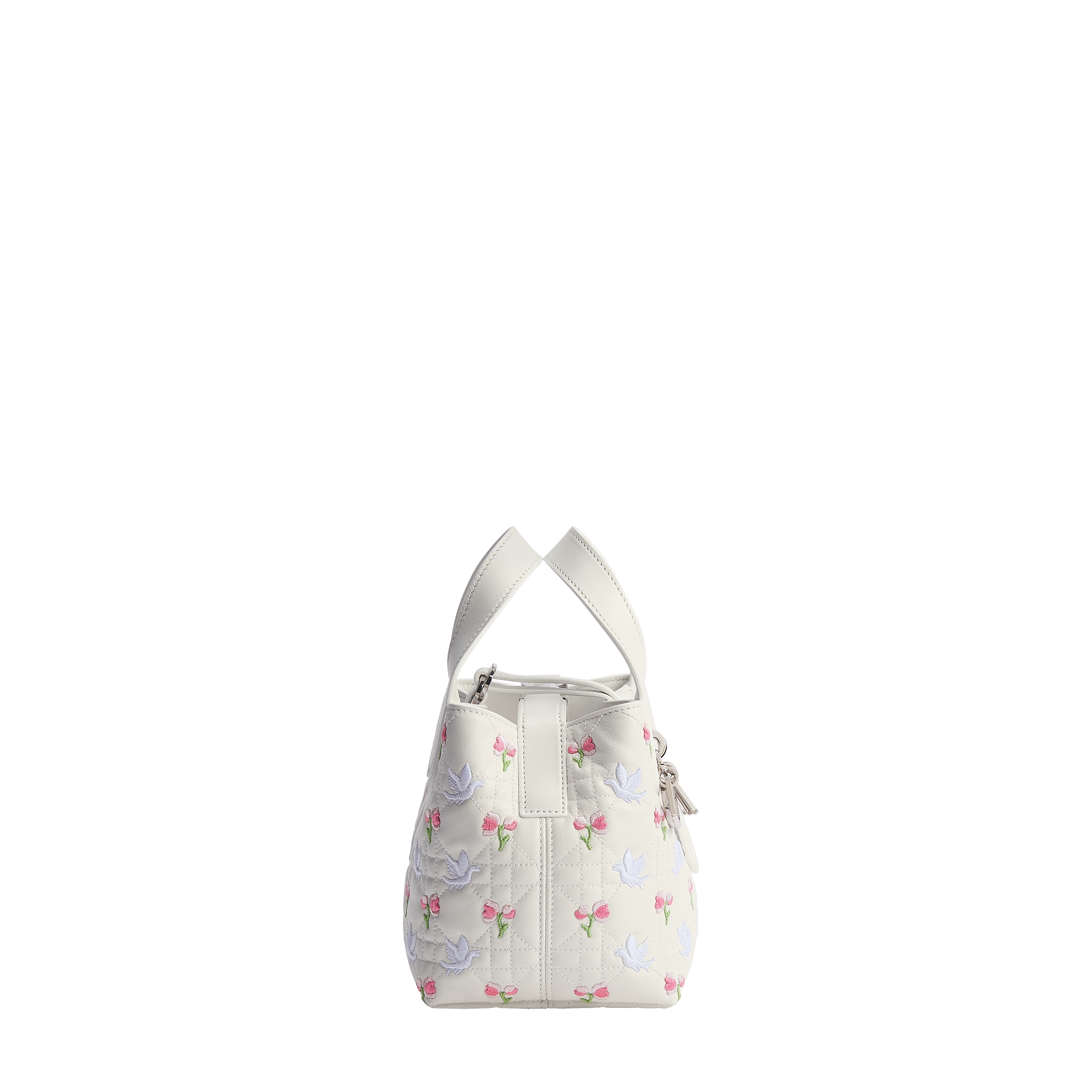 Dior Toujours Vertical Nano Tote Bag White Lambskin Embroidered with Multicolor Doves & Roses Motif E02