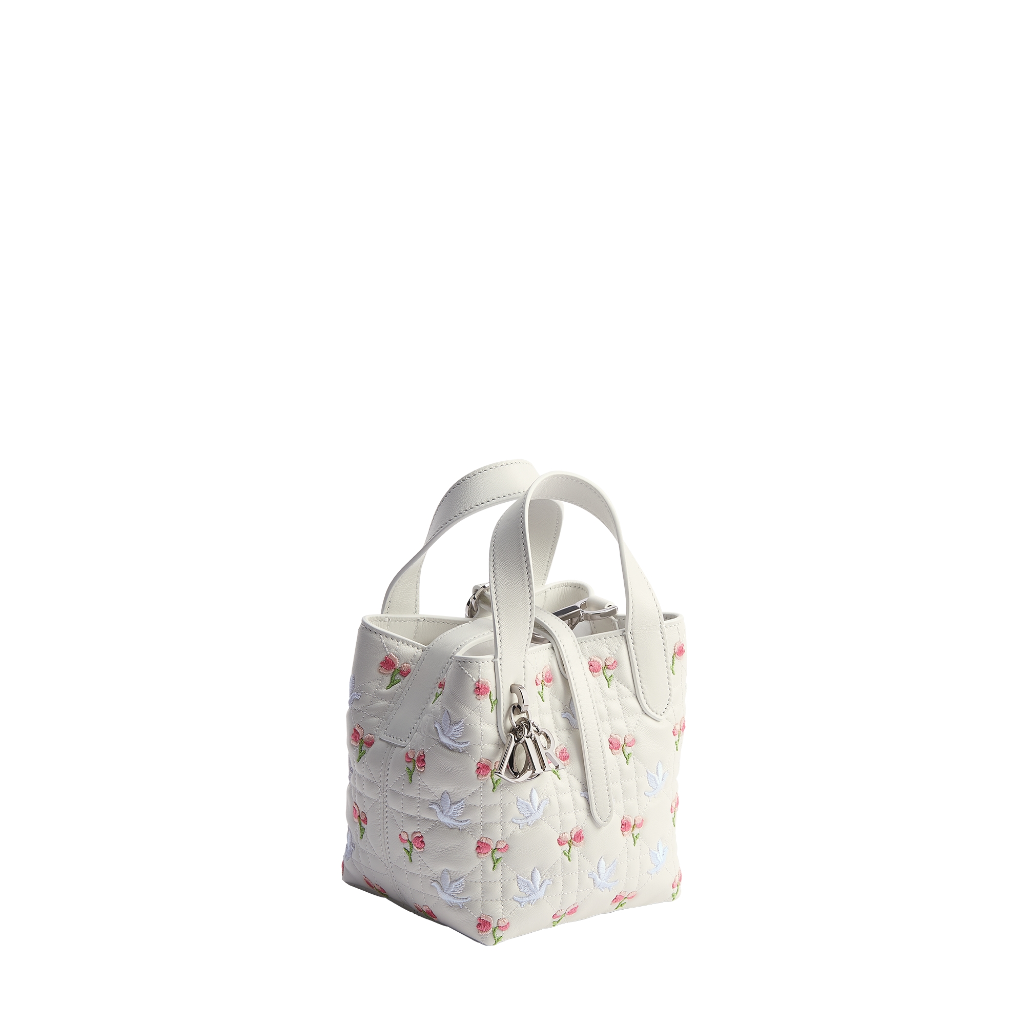 Dior Toujours Vertical Nano Tote Bag White Lambskin Embroidered with Multicolor Doves & Roses Motif E03