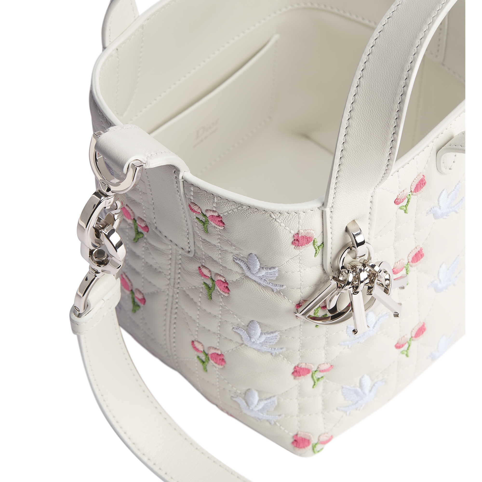 Dior Toujours Vertical Nano Tote Bag White Lambskin Embroidered with Multicolor Doves & Roses Motif E06