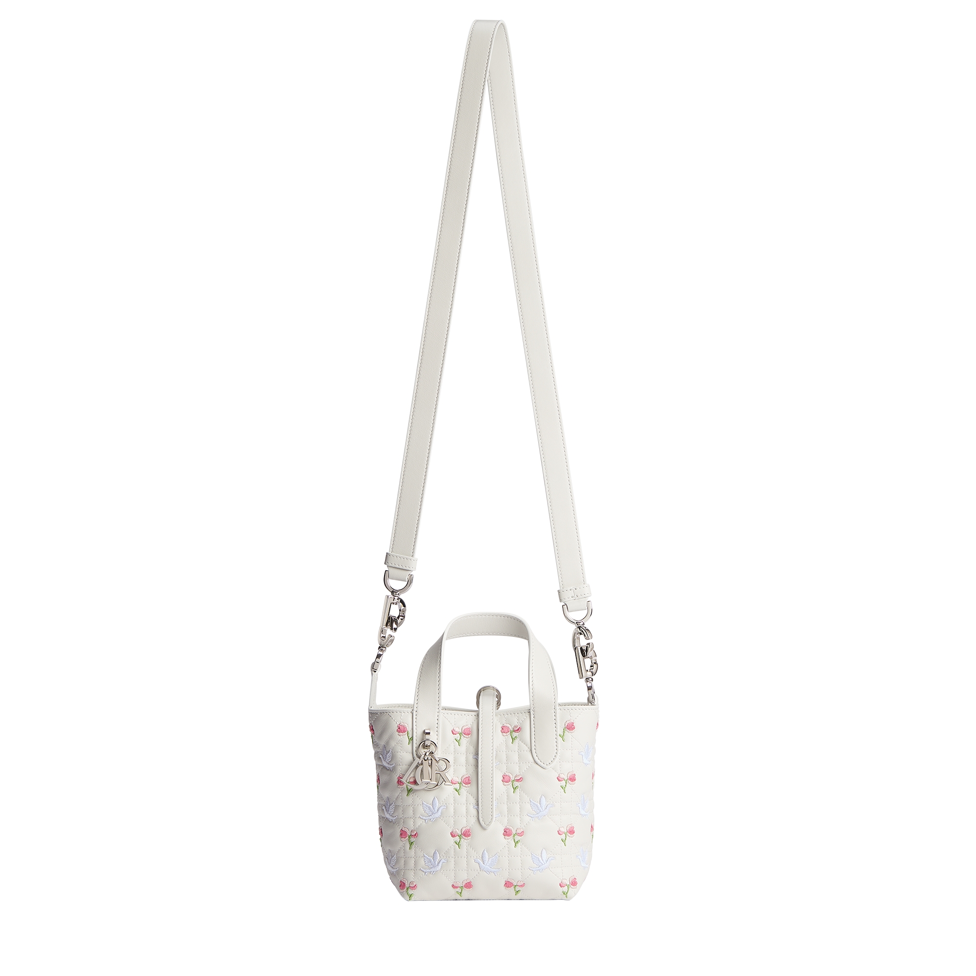 Dior Toujours Vertical Nano Tote Bag White Lambskin Embroidered with Multicolor Doves & Roses Motif E07
