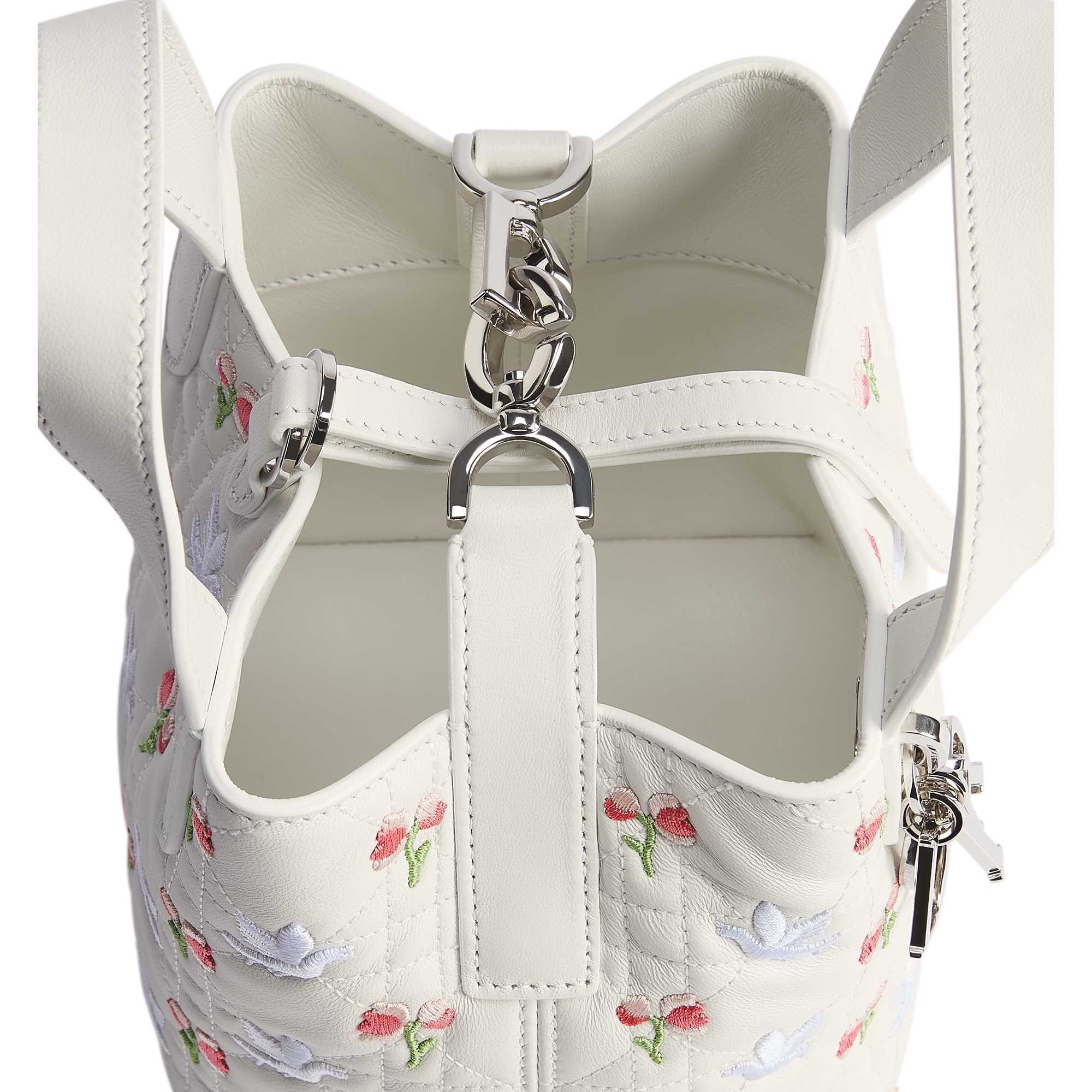 Dior Toujours Vertical Nano Tote Bag White Lambskin Embroidered with Multicolor Doves & Roses Motif E10