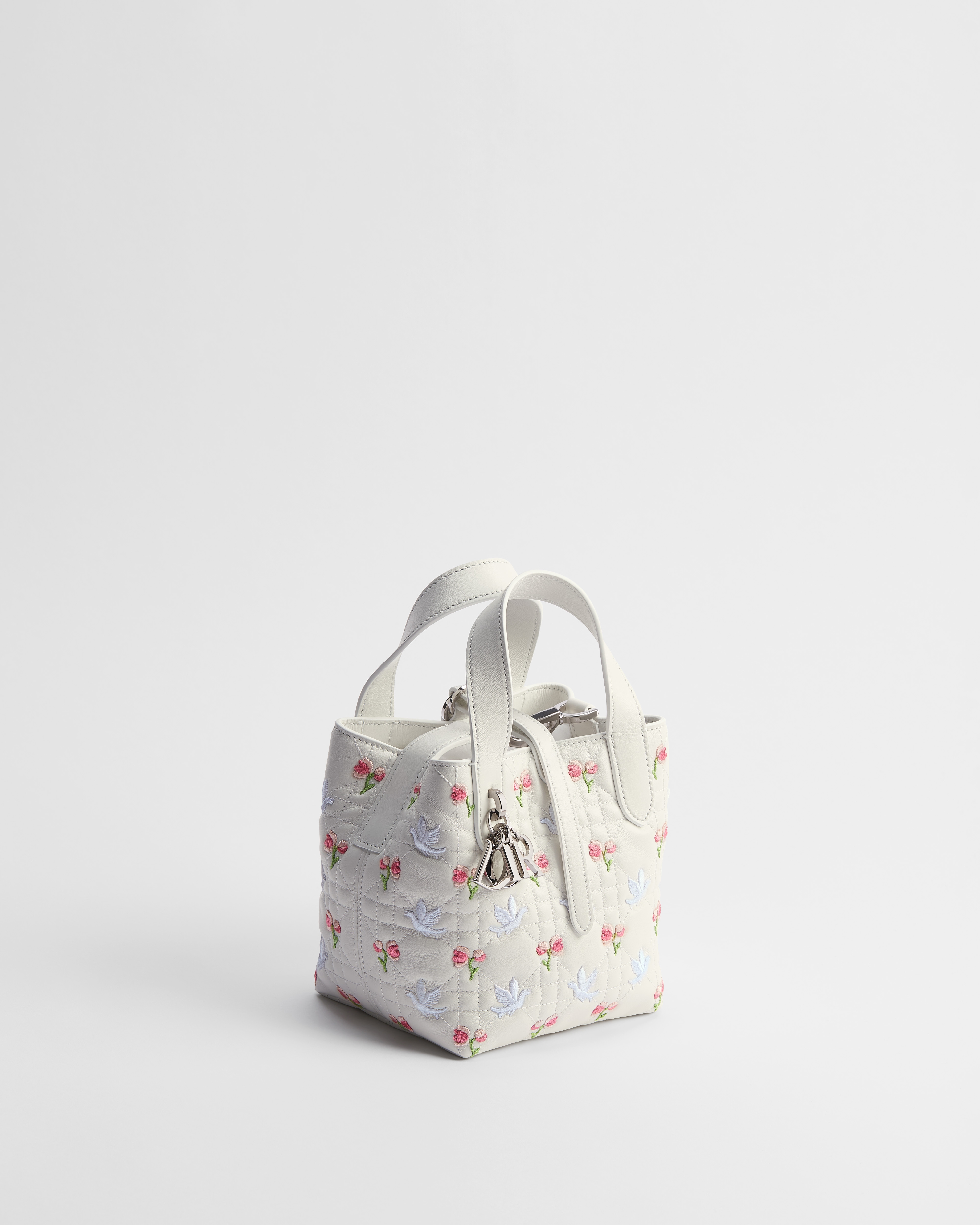 Dior Toujours Vertical Nano Tote Bag White Lambskin Embroidered with Multicolor Doves & Roses Motif E03
