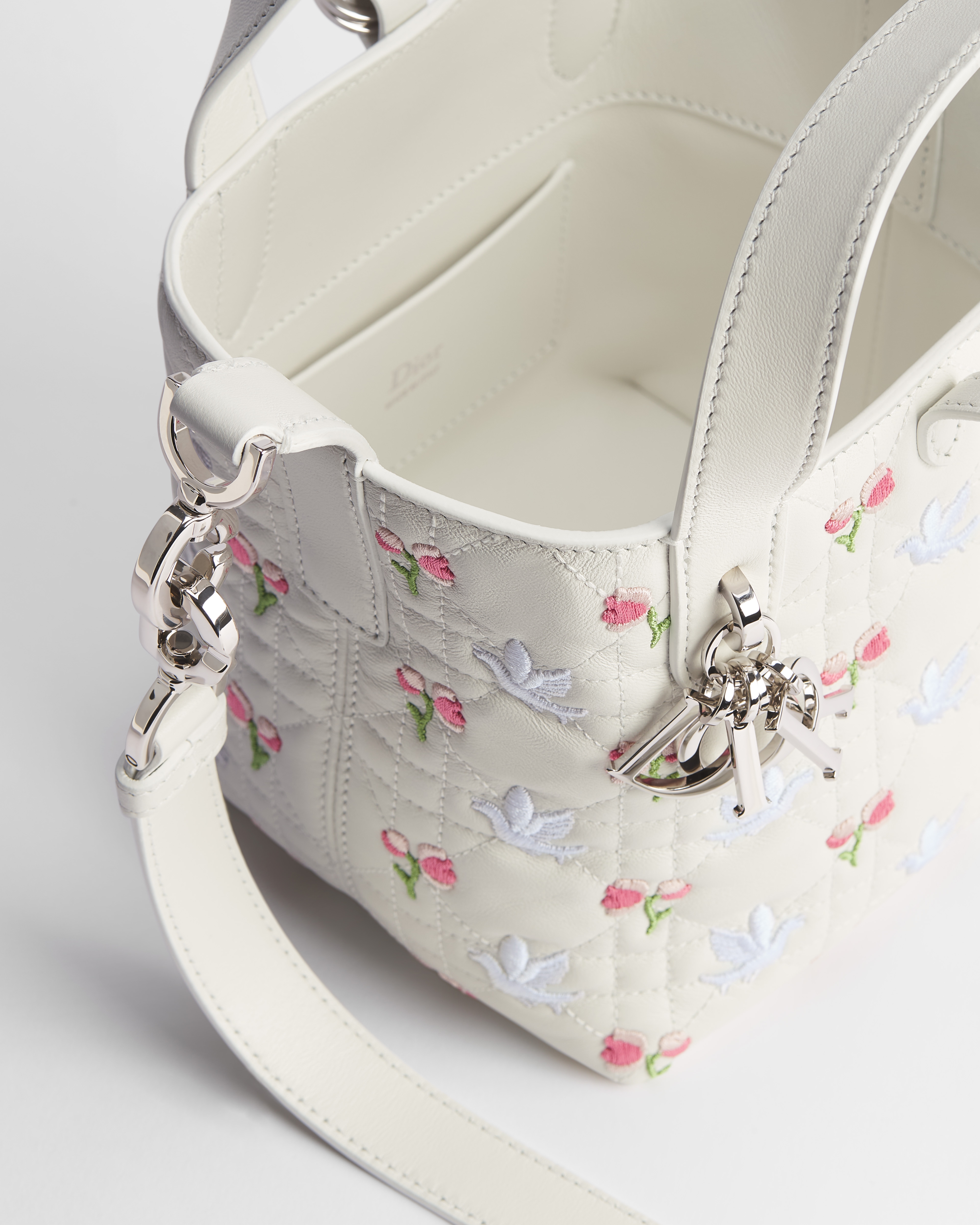 Dior Toujours Vertical Nano Tote Bag White Lambskin Embroidered with Multicolor Doves & Roses Motif E06