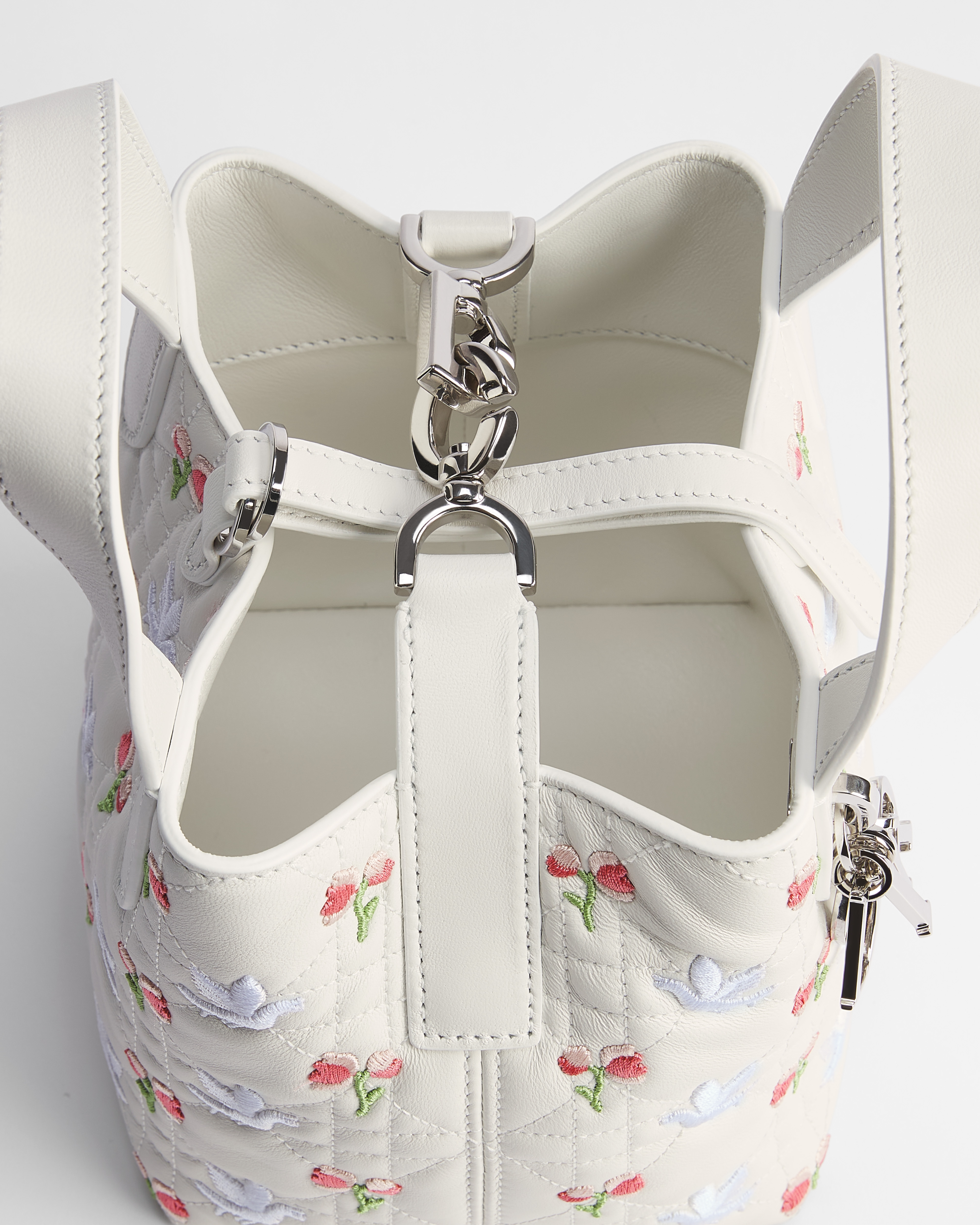 Dior Toujours Vertical Nano Tote Bag White Lambskin Embroidered with Multicolor Doves & Roses Motif E10