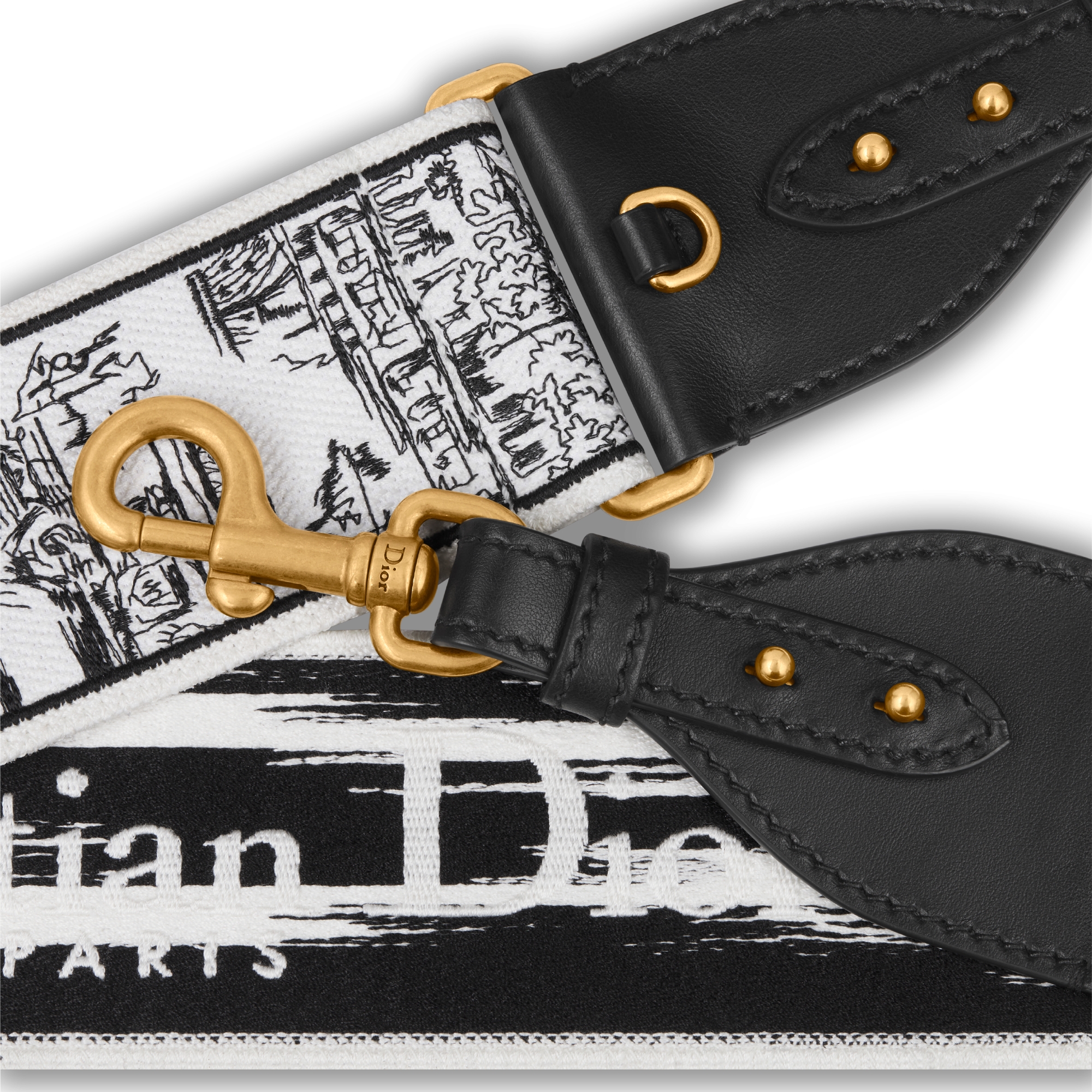 Bandoulière ajustable avec anneau Broderie Paris Allover écrue et noire E09