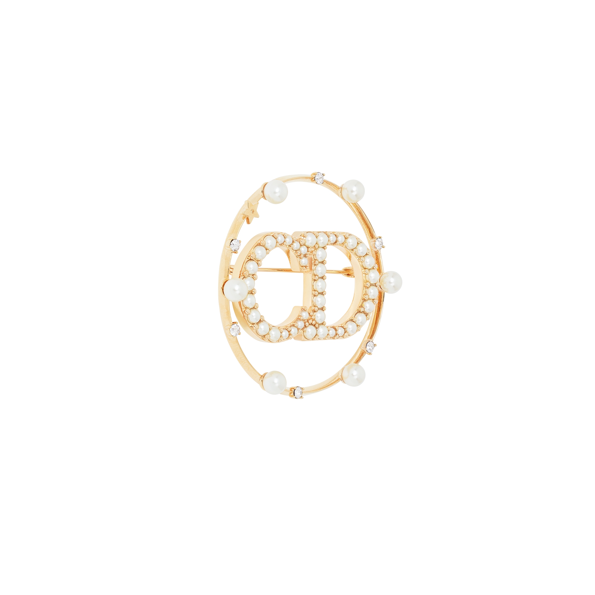 Clair D Lune Brooch Gold-Finish Metal, White Resin Pearls and White Crystals E03