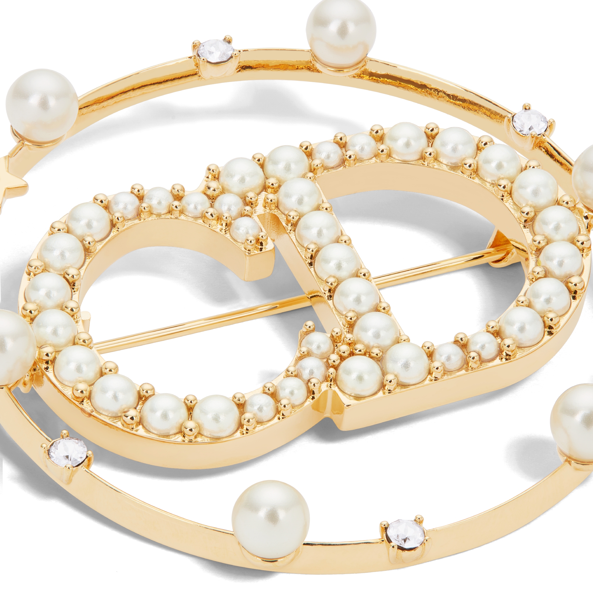 Clair D Lune-broche Met goud afgewerkt metaal, witte harsparels en witte kristallen E09