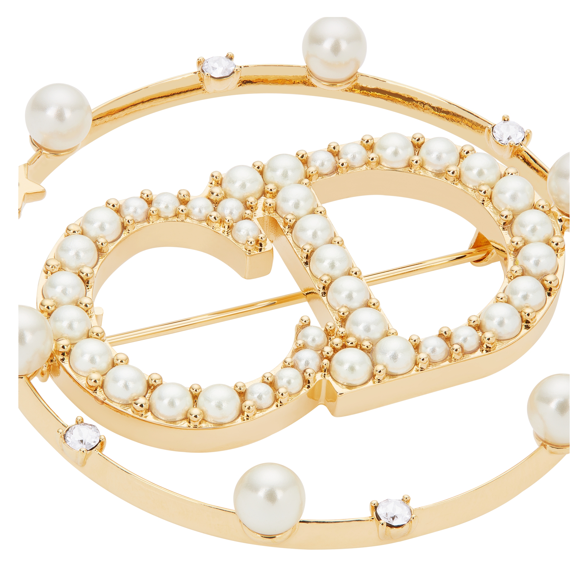 Clair D Lune Brooch Gold-Finish Metal, White Resin Pearls and White Crystals E09